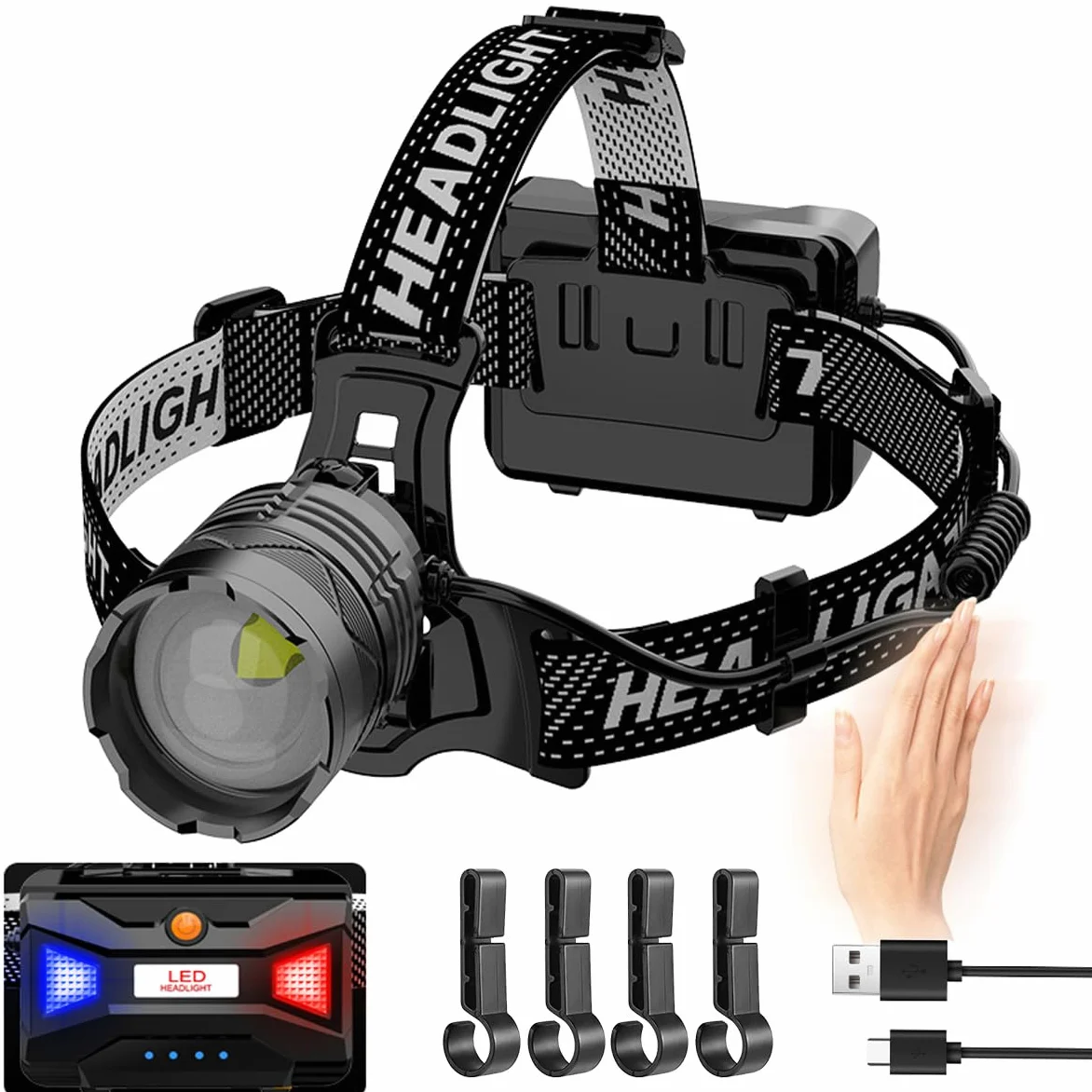 Linterna frontal LED recargable de 20000 lúmenes, linterna frontal súper brillante con 3 modos de luz y sensor de movimiento, linterna frontal ajustable e impermeable de 90° para camping