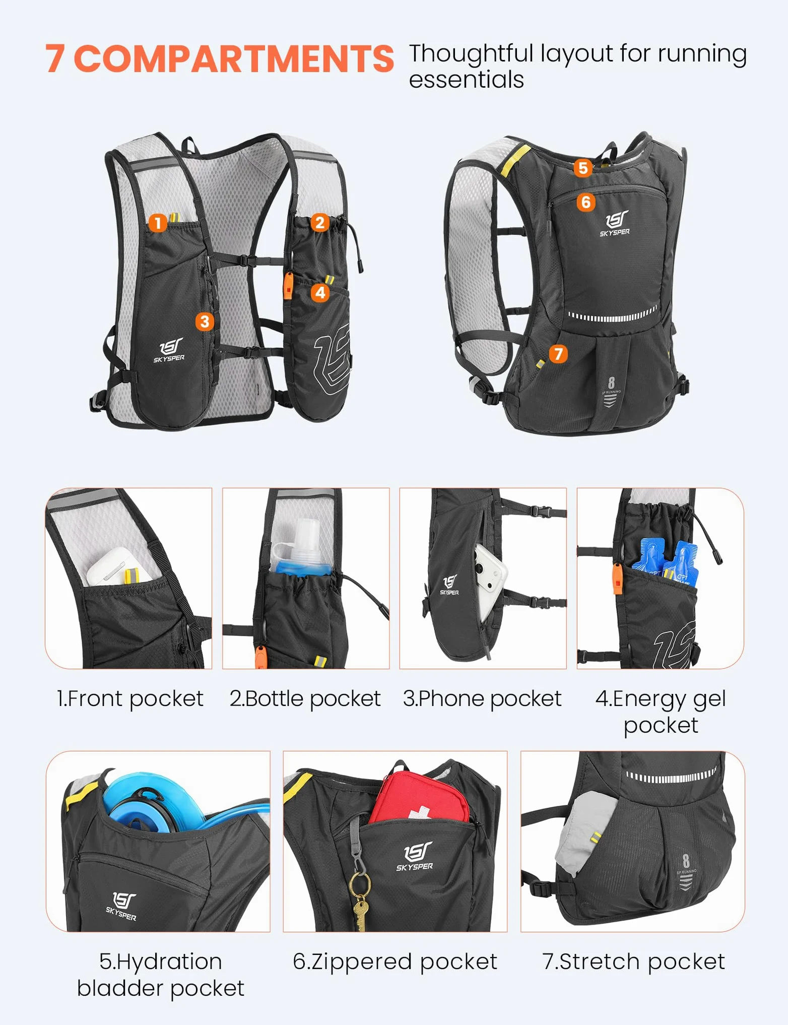 SKYSPER Chaleco de Hidratación Running 5L | Chaleco Ligero con Botella 500ML y Diseño Reflectante para Trail Maratón y Senderismo