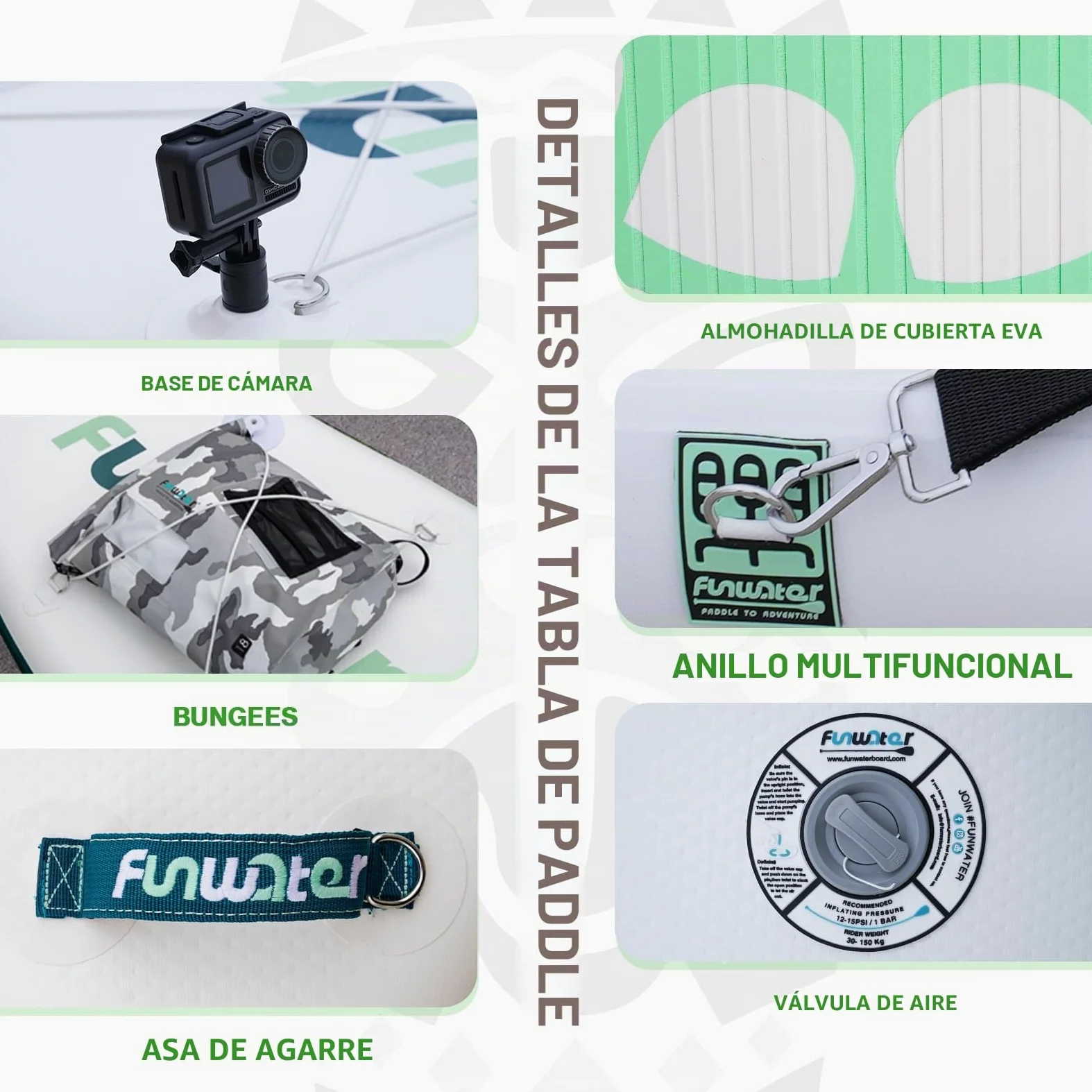 FunWater Tabla de Surf Hinchable de pie para Tabla de Surf Sup, Accesorios de Remo Ajustable, Bomba, Mochila de Viaje ISUP, Correa, Bolsa Impermeable, Tabla de Paddle para Adultos