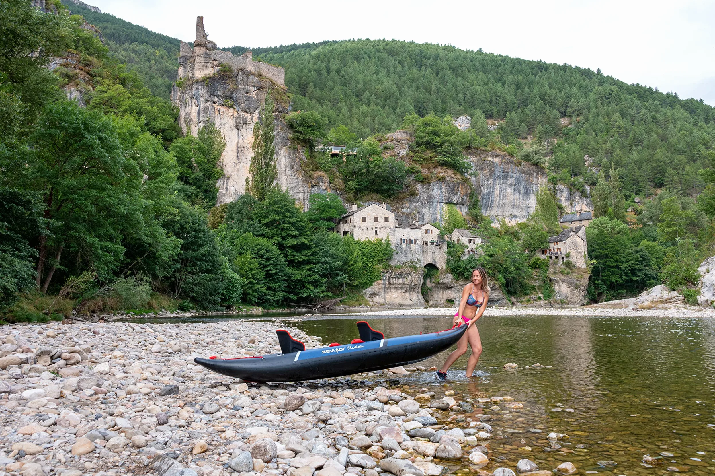 Sevylor Kayak Inflable Charleston para 2 Personas, Base de Punto de Gota de Alta presión, Canoa Resistente de PVC Reforzado, Incluye Paquete seco, manómetro y Aleta extraíble, soporta hasta 196 kg