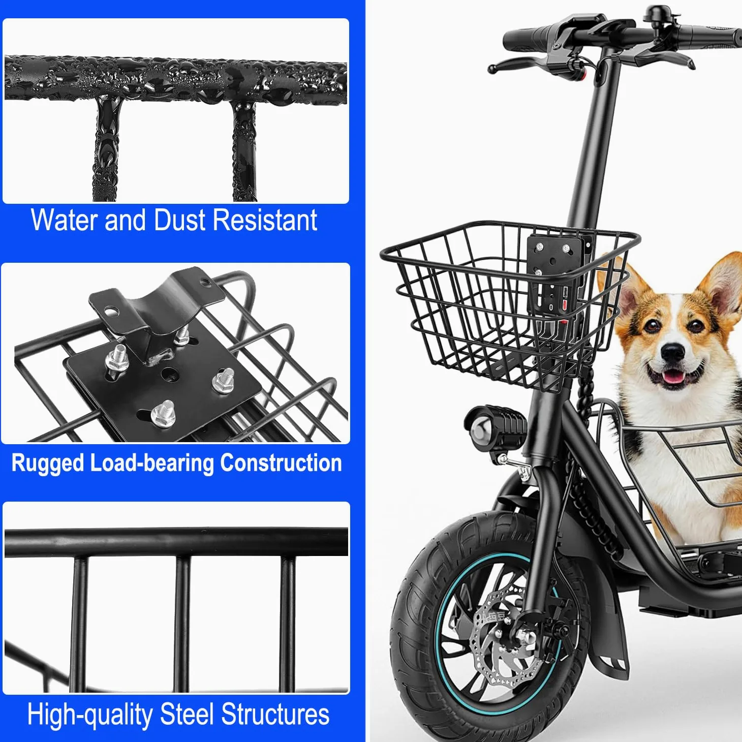 Cesta de bicicleta con red de carga y cubierta, cesta de scooter con soporte fijo, cesta de bicicleta eléctrica de metal para bicicleta eléctrica Jetson, scooter, scooter de rodilla y bicicleta