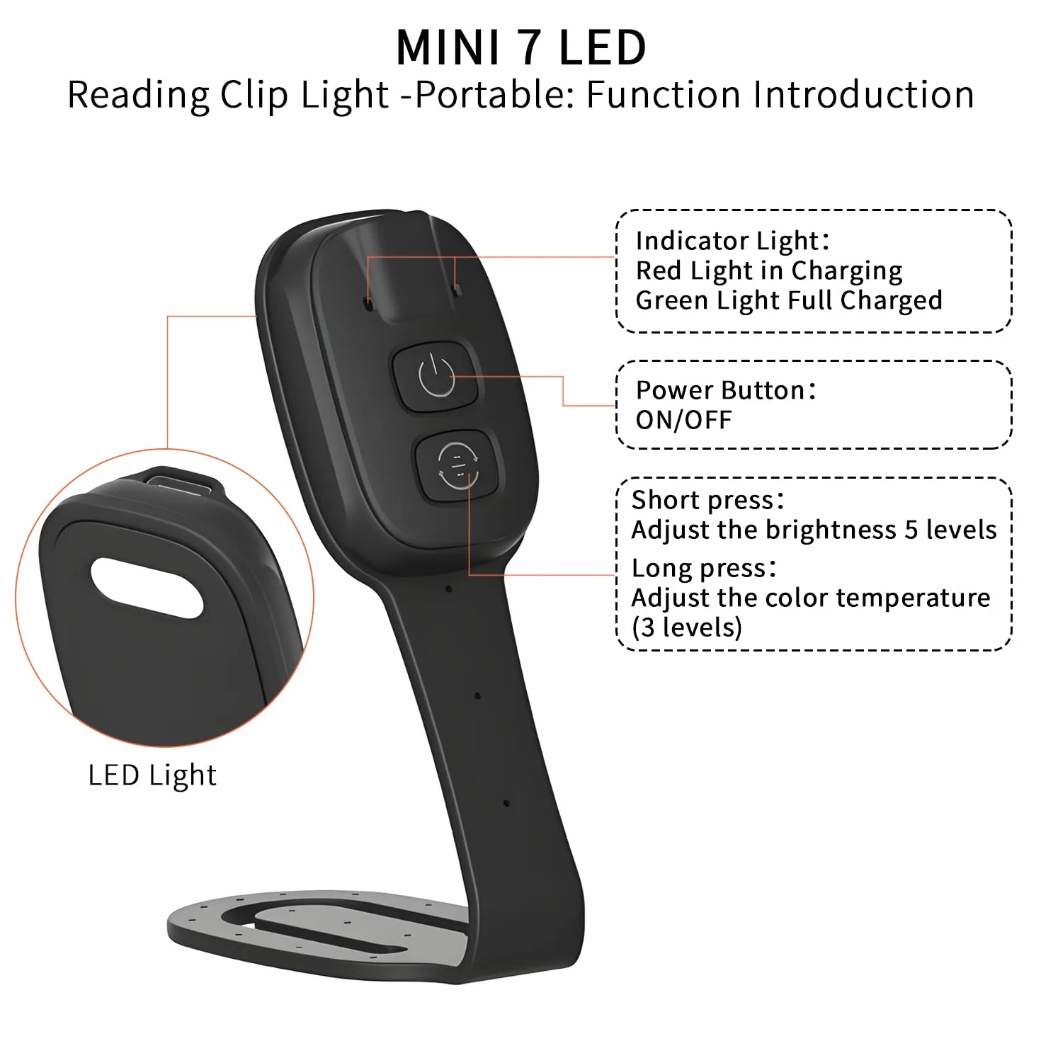QUMOX Lampka LED do Czytania z Klipsem 7 LED Regulowana Jasność 3 Barwy Światła Przenośna
