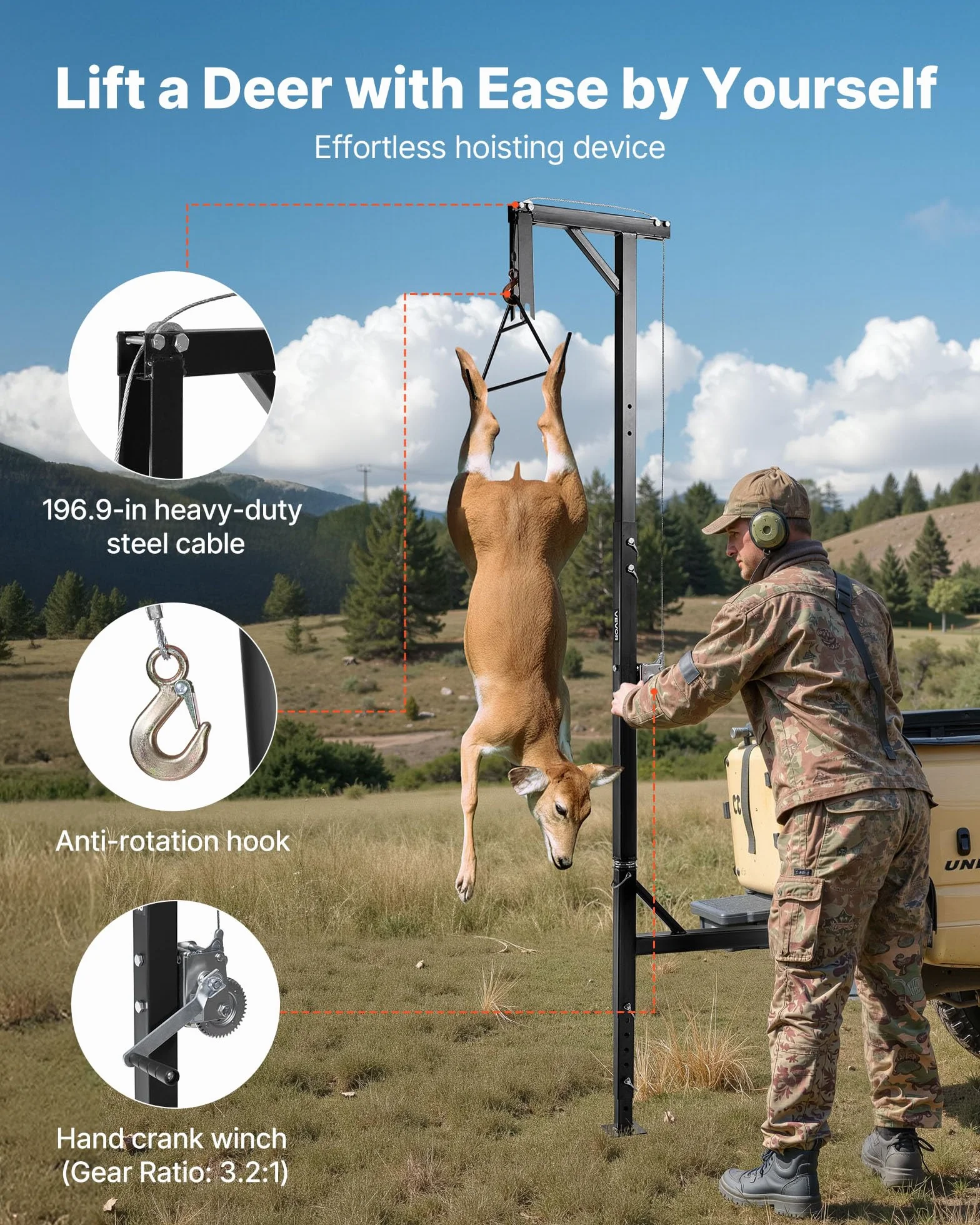 VEVOR Polipasto de Enganche para Camión, 226,8 kg, Grúa para Caza con Receptor 5 cm, Eje Giratorio 360°, Altura Ajustable