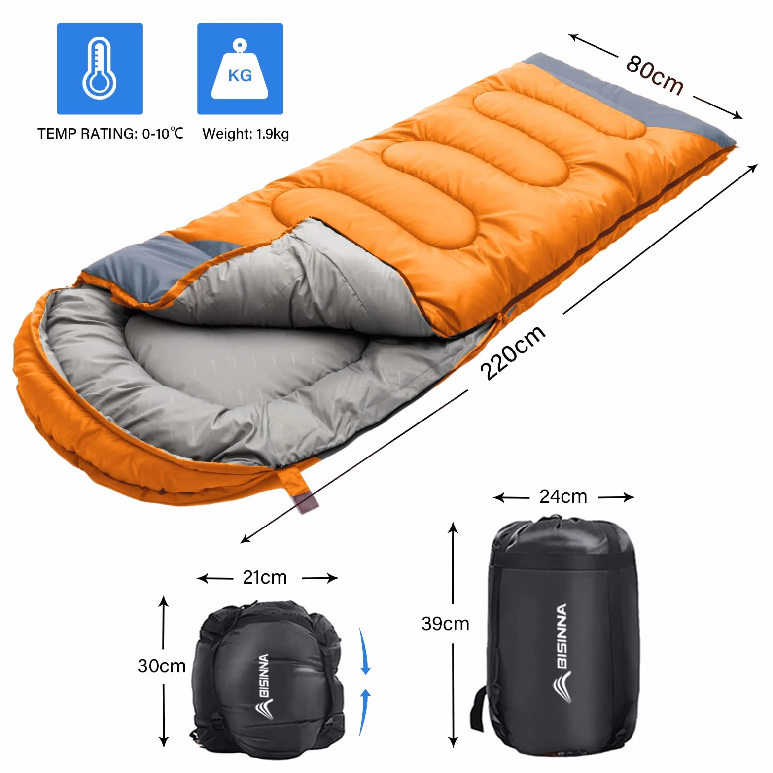 BISINNA Saco de Dormir con Almohada - 4 Estaciones, Ligero, Impermeable, cálido, Saco de Dormir con un Saco de compresión para Adultos, Camping