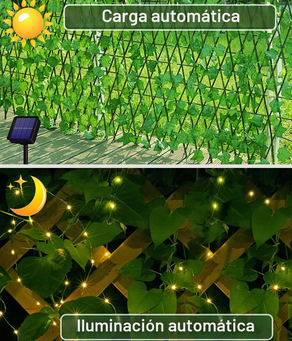 Guirnalda Luces Exterior Solar 10M 100 LED Hiedra Artificial 8 Modos Impermeable Cadena Luces Hojas Jardín Decoración