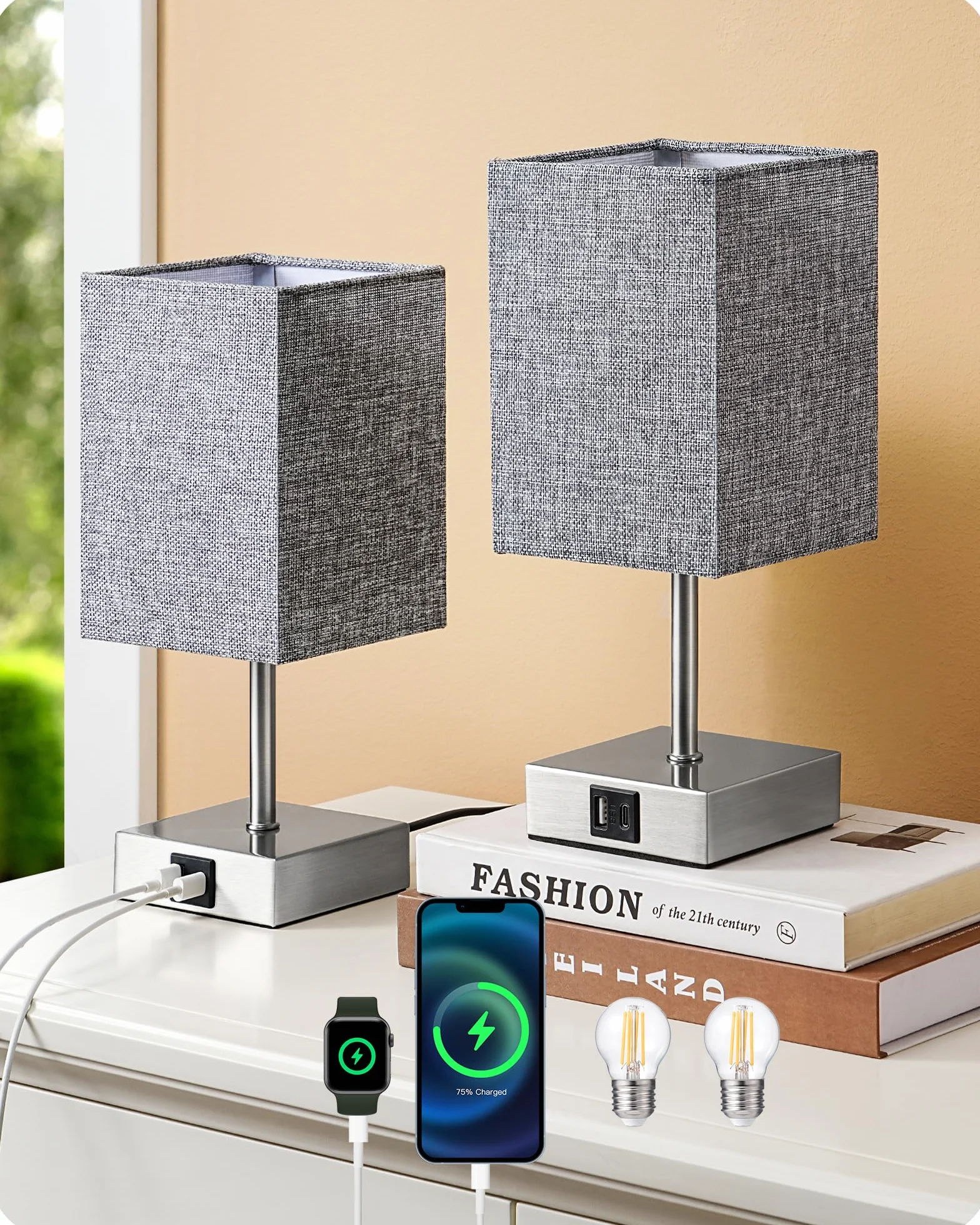 EDISHINE Lámpara de Noche LED Regulable Táctil 2 Lámparas de Mesa Modernas con Puertos USB Gris
