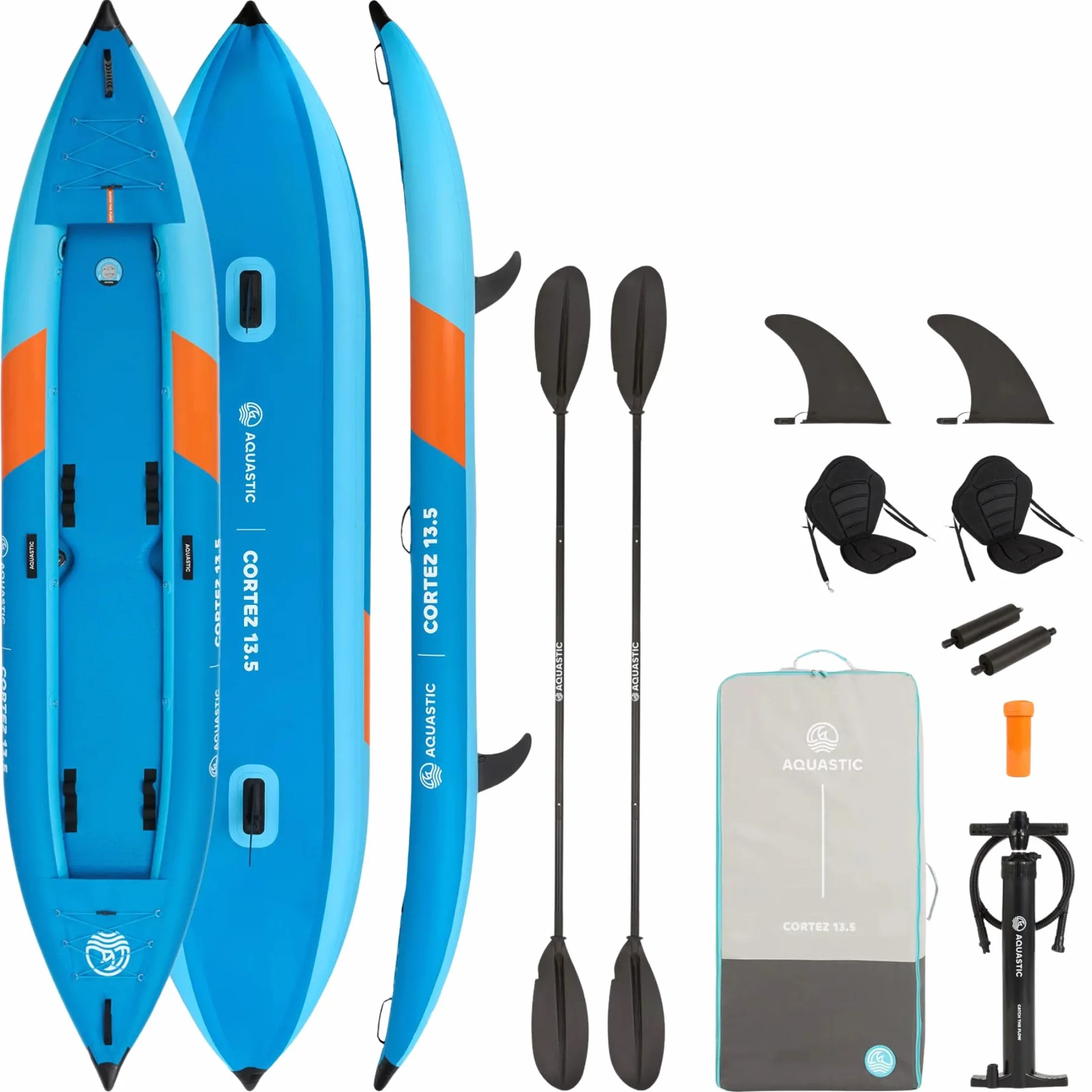 AQUASTIC Cortez - Kayak Hinchable para Dos Personas, 3 cámaras, Capacidad de Carga de hasta 180 kg, Juego de Mochilas, paletas, Asientos, Bomba, Aletas, Estable