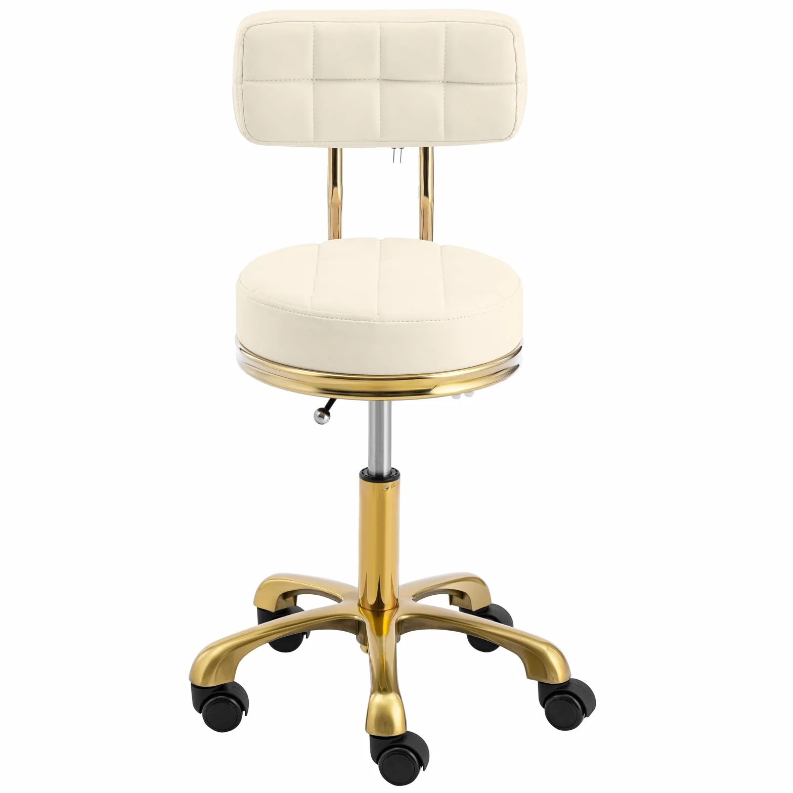 physa Taburete de peluquería con ruedas, respaldo regulable 51-66 cm, 150 kg beis/dorado
