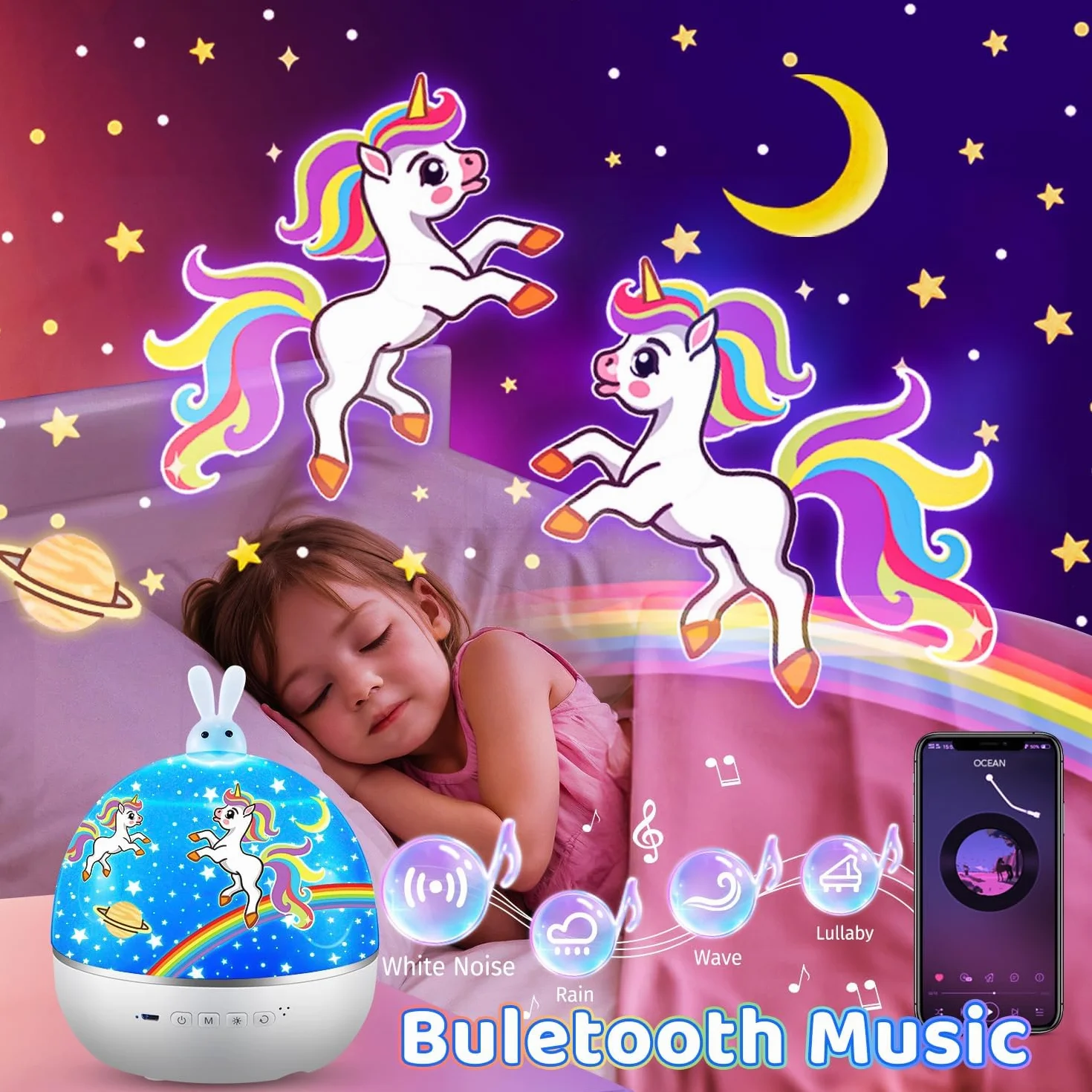 Proyector de Galaxias y Estrellas Real, 15 Temas & Música Bluetooth, Luz Nocturna Infantil, 360° Rotación, Juguete para Niños 1-5 años