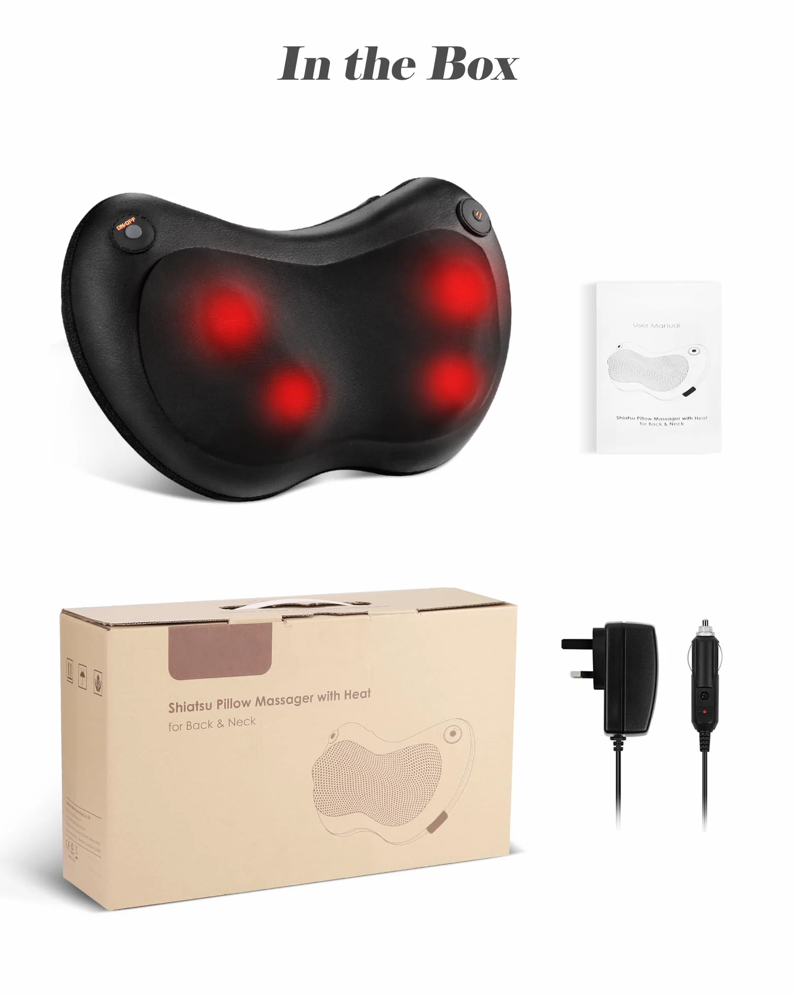 Masajeador Cervical y Espalda, Cojín de Masaje Eléctrico Shiatsu con Calefacción, 4 Rodillos para Cuello