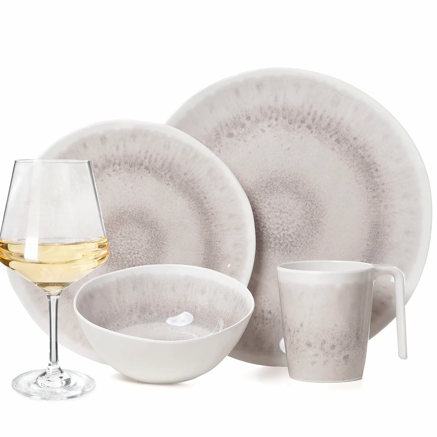 Juego de vajilla de melamina para camping, 4 personas, diseño de yunque, 16 piezas + 4 copas de vino Milano, color blanco, vajilla de picnic, barbacoa