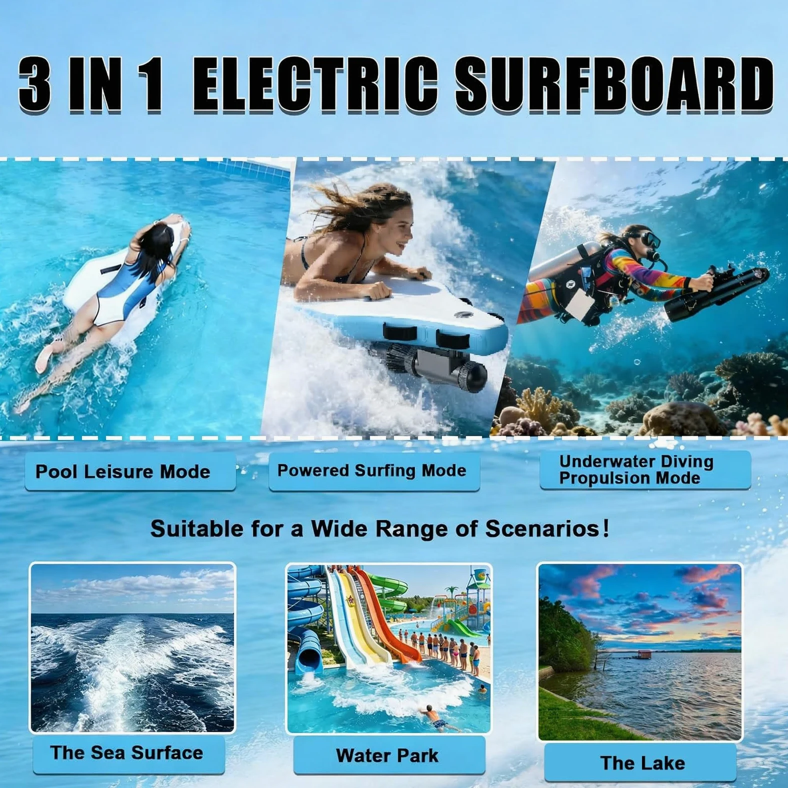 Tabla de surf eléctrica con motor de 500 W, 3-7 km/h, funcionamiento de modo dual, diseño de bodyboard inflable, resistente al agua salada, para principiantes y expertos