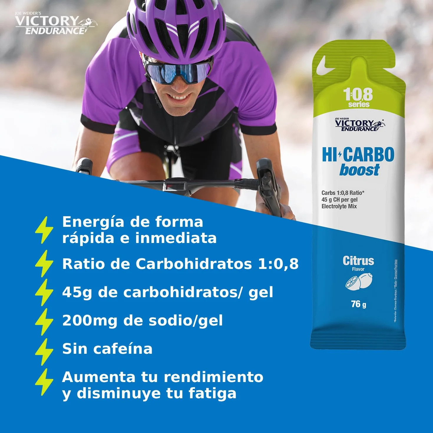 Victory Endurance HI Carbo Boost Gel 1:0,8 Series (12x76g) Cítricos Sin Cafeína 45g Carbohidratos 200mg Sodio Energía