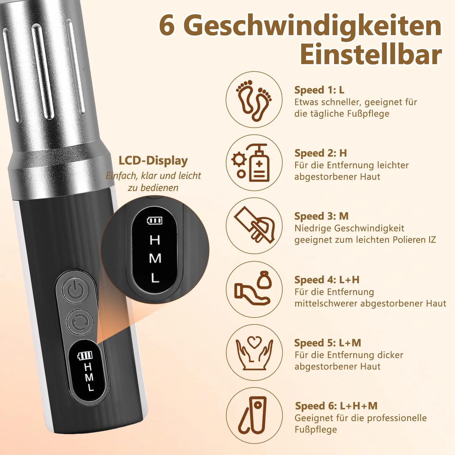 Dermaglide Eliminador de callos eléctrico 2 en 1 para pedicura con pantalla LCD 6 velocidades ajustables talones agrietados durezas gris plateado