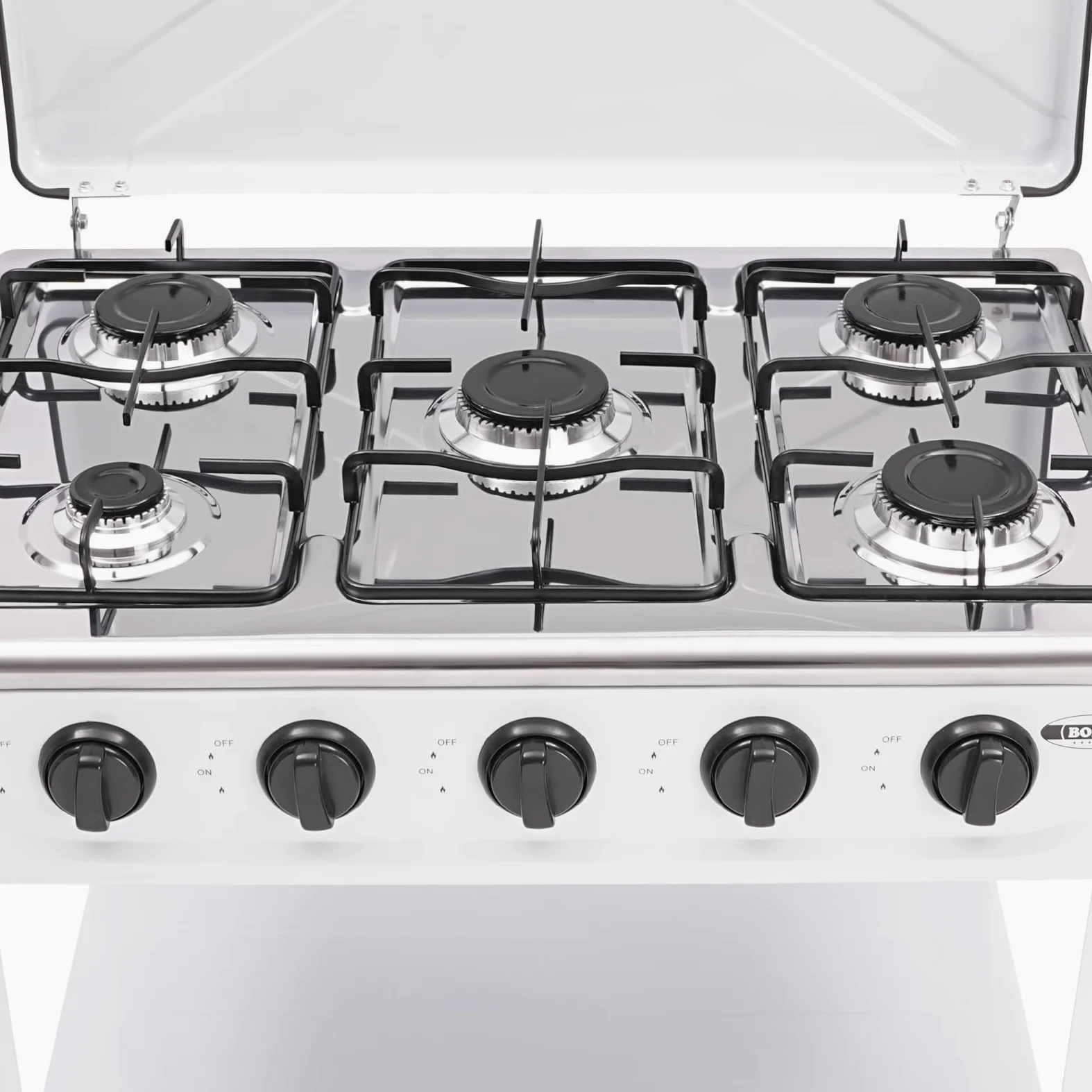 Hornillo de gas para camping independiente, 5 quemadores, portátil, para camping, cocina de gas natural, con 2 estantes, 2,5 kW, para autocaravana, camping (blanco)