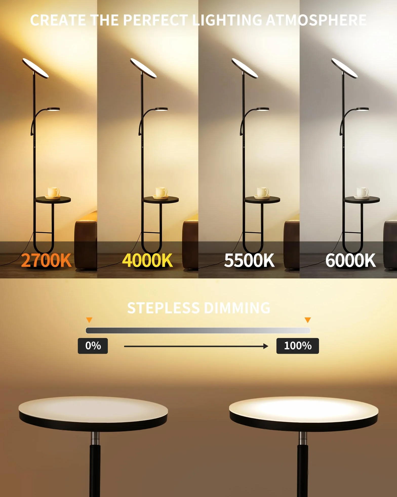 Lámpara de Pie LED 36W+7W Regulable 3200LM+600LM con Mando Cabezal Giratorio 350° 2700K-6500K Negra