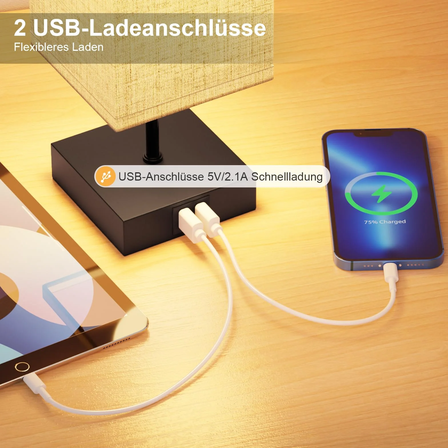 Lámparas de Mesa con 2 Puertos USB Carga Rápida, 3 Temperaturas de Color, Regulación Continua, Bombillas E27 6W