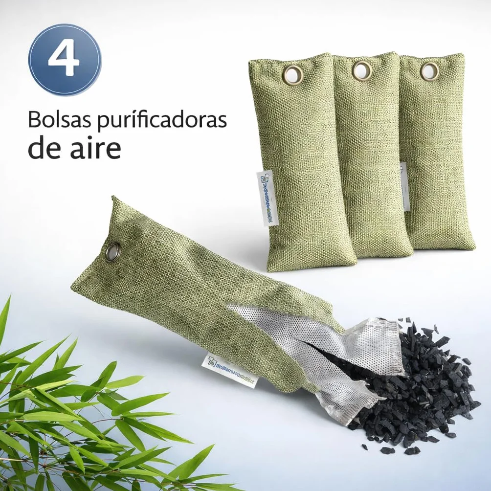 Saquitos Carbón Activo Bambú | Deshumidificador y Purificador de Aire | Neutralizador de Olores | Pack 4x75g