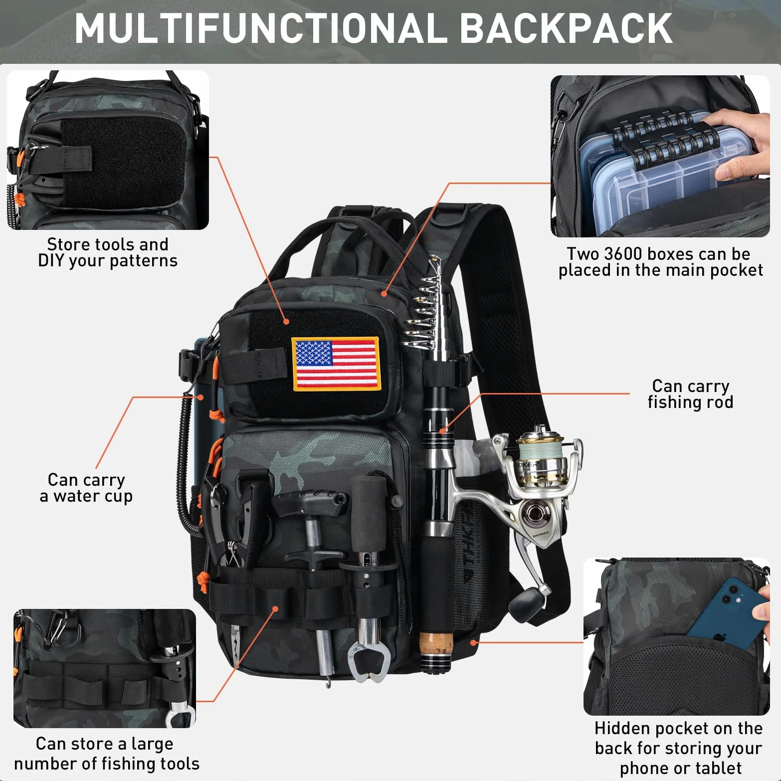 THKFISH Mochila de pesca con soporte para caña, kit de herramientas de pesca, bolsa resistente al agua con kit de señuelos de pesca, caja de aparejos de pesca y juego de alicates para hombres y