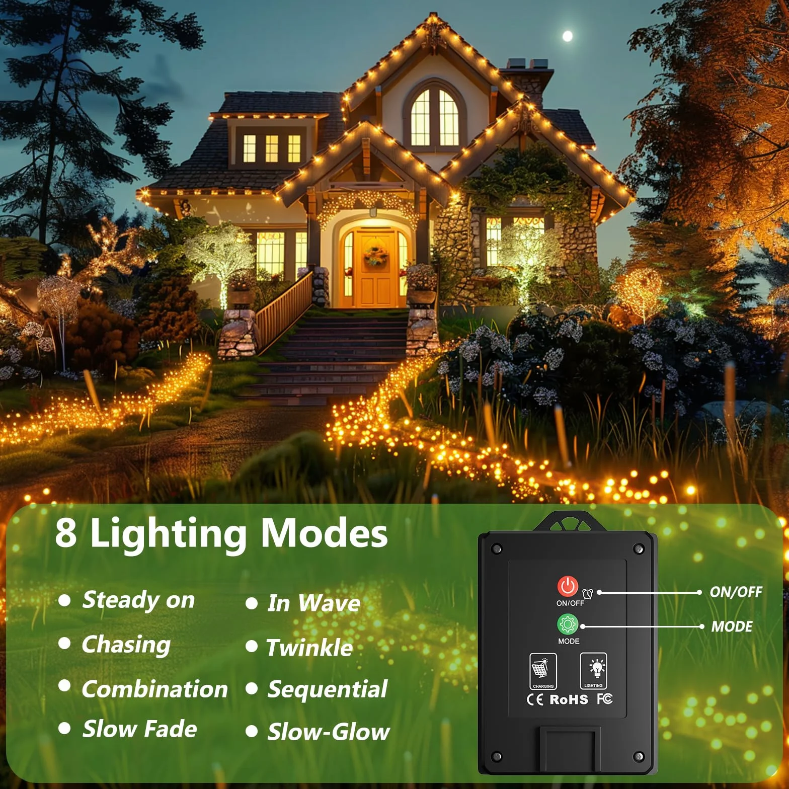 FIFlying Guirnalda Luces Exterior Solar 120 LED IP65 Blanco Cálido 8 Modos 3x12M