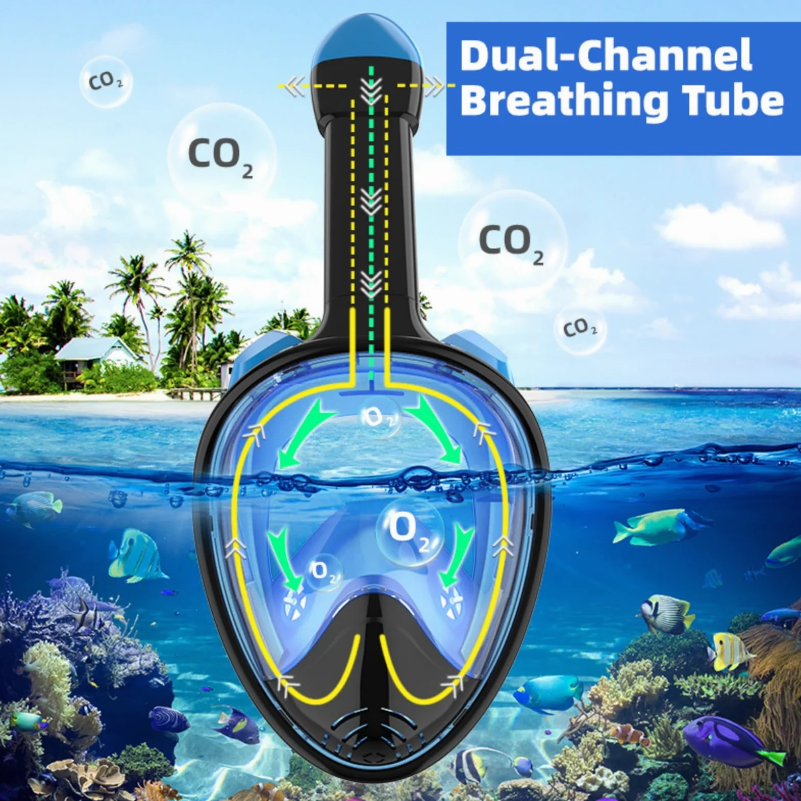 Máscara de snorkel para adultos y niños, máscara de buceo, plegable, protección de CO2, máscara completa con posición de cámara, máscara de buceo