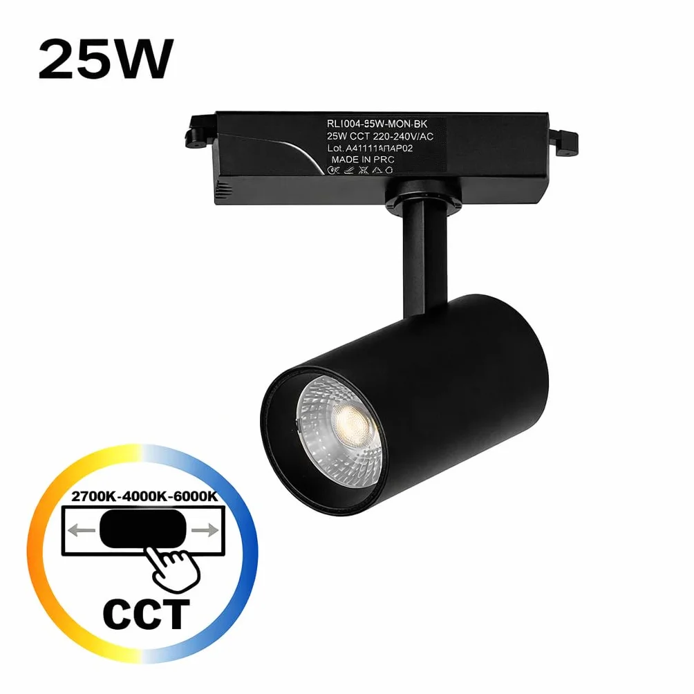 Foco LED para Carril Monofásico 25W 2500lm CRI>90 CCT Seleccionable 2700K-4000K-6000K Orientable Negro Mate IP20
