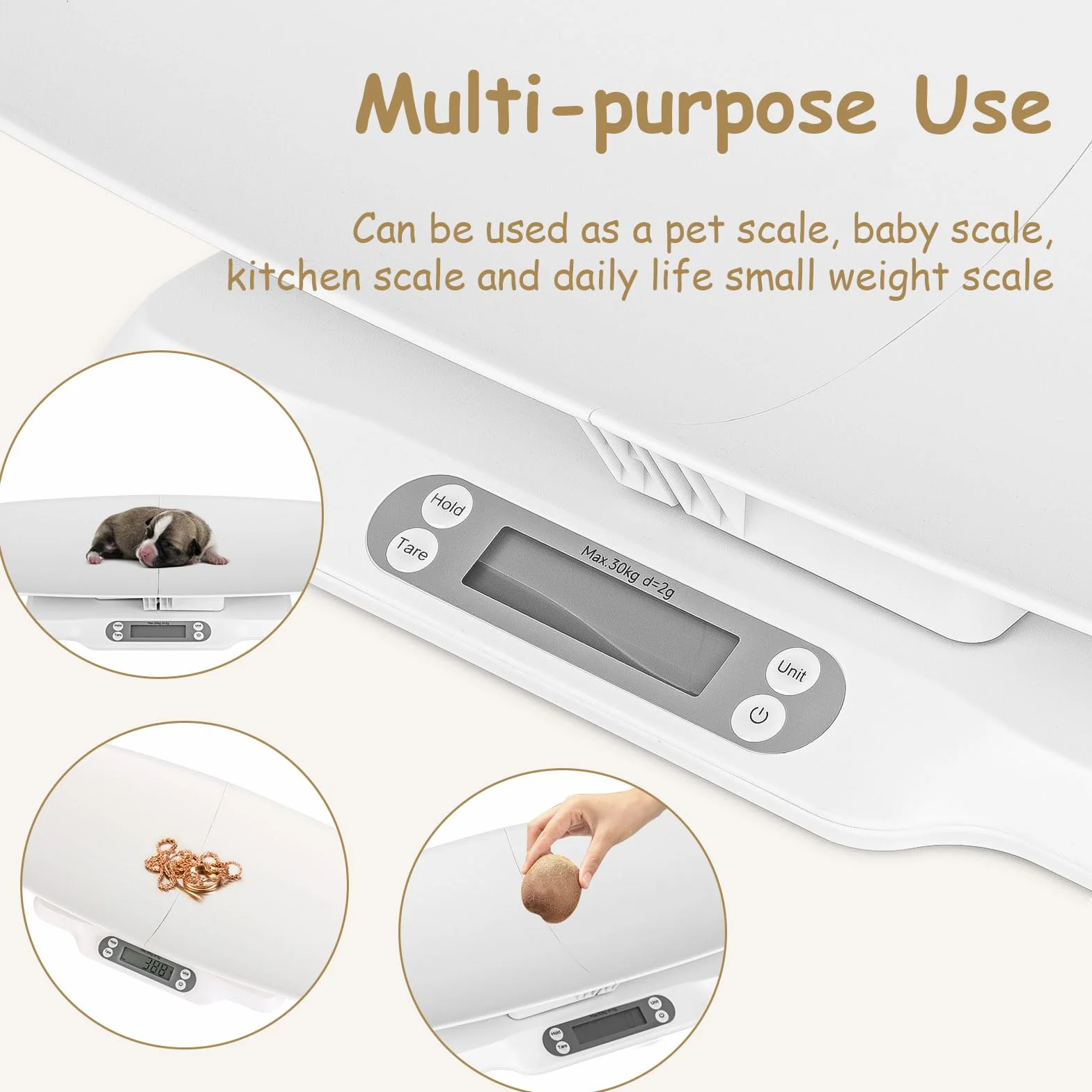 Báscula digital para animales con bandeja extraíble, pantalla LCD, función de tara, para bebés y niños pequeños