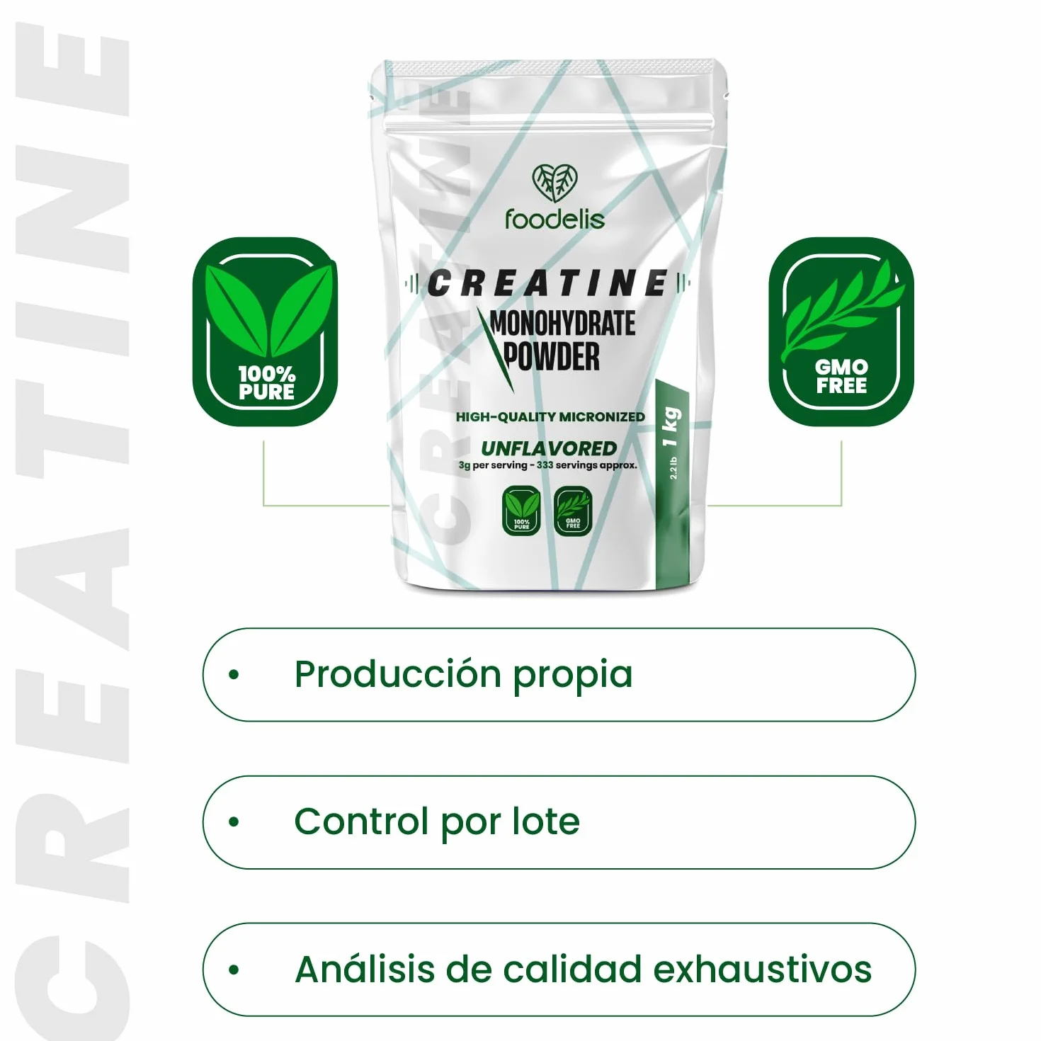 Foodelis Creatina Monohidratada en Polvo 1 kg 333 Dosis - Creatina Monohidrato Micronizada Sin Sabor