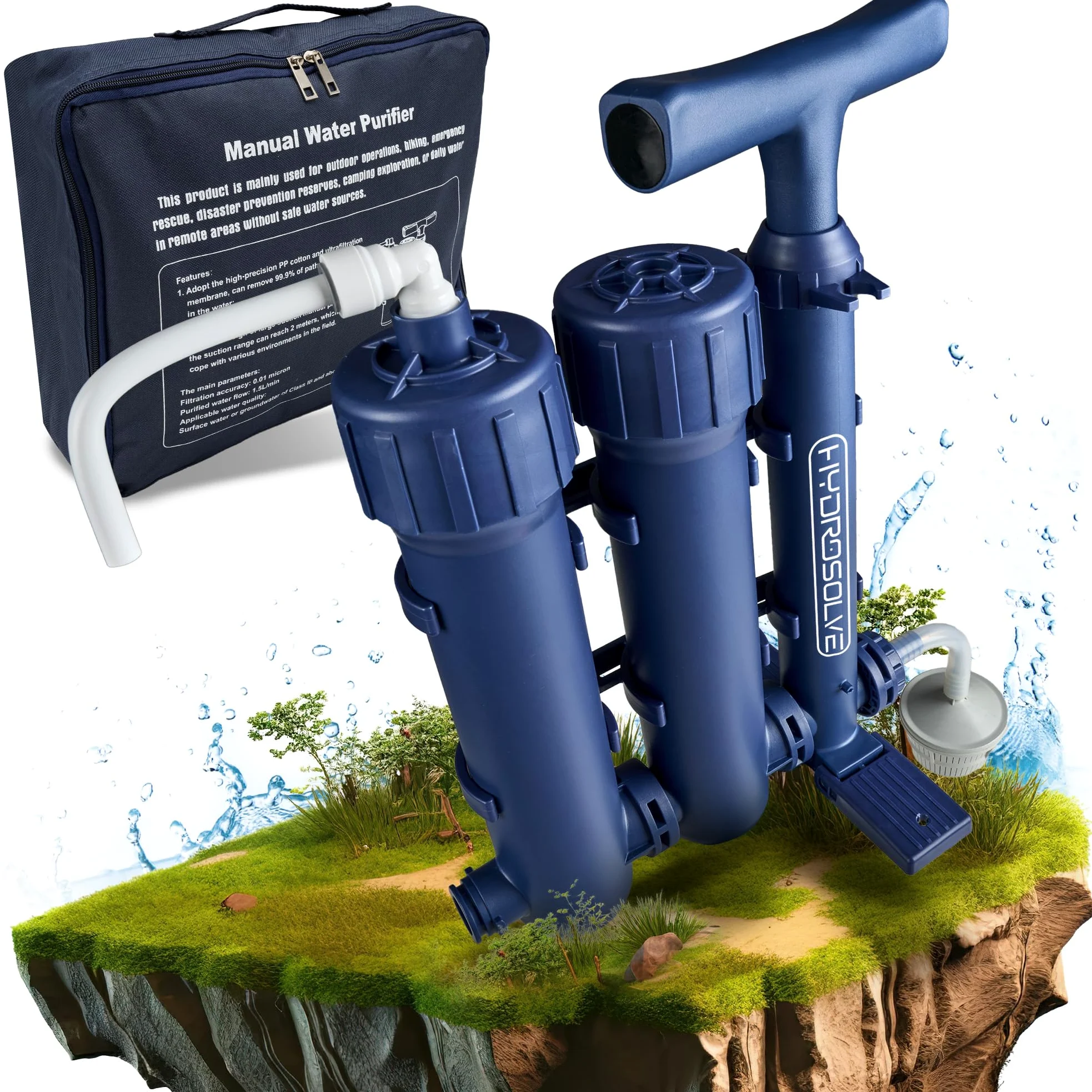 HYDROSOLVE - Filtro de agua portátil para exteriores, sistema de tratamiento de agua de emergencia con bomba de mano, filtración para senderismo y camping (filtro de agua)