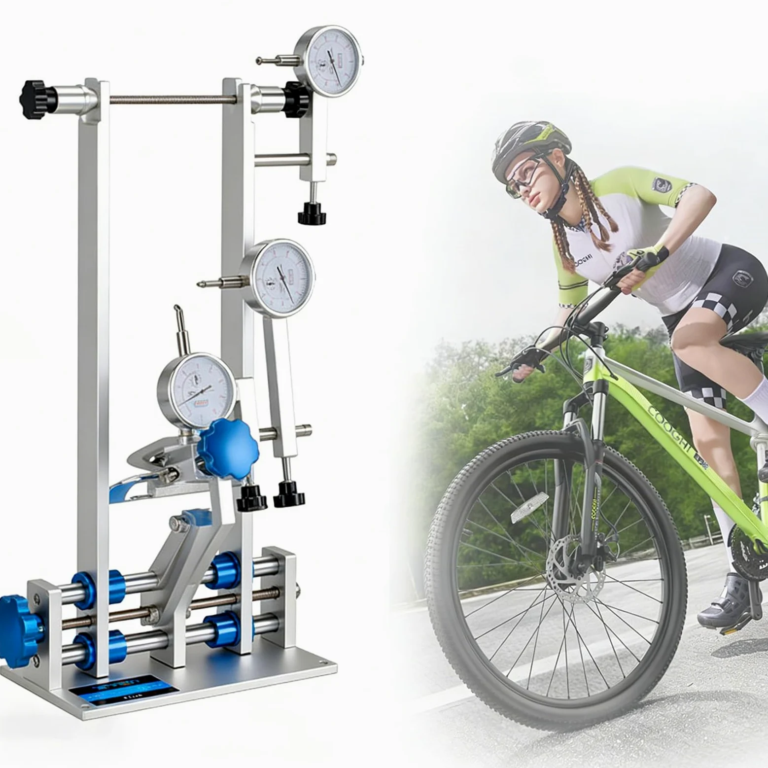 Soporte para Centrar Ruedas de Bicicleta, Herramienta Profesional para Reparación de Llantas con 4 Cojinetes y Llave de Radios Multitamaño, Admite Ruedas de 16 a 29 Pulgadas, para Bicicletas(Blue)