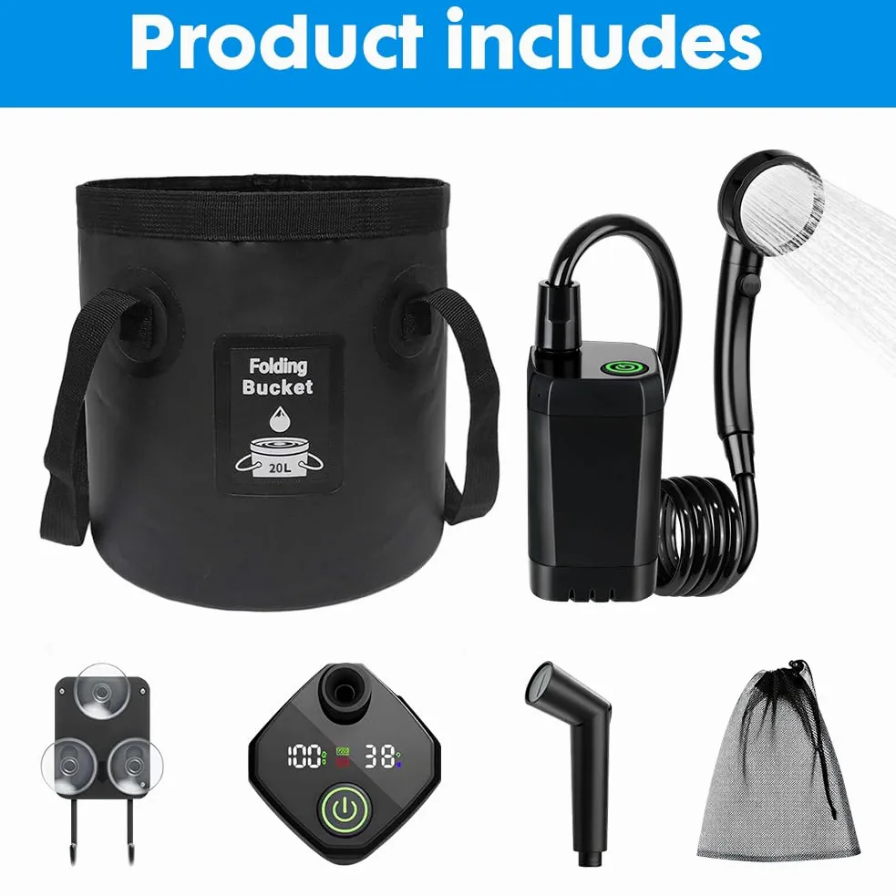 CEWROM 2026 Juego completo de ducha portátil para camping, ducha de camping de 6000 mAh con bomba e indicador de temperatura, cabezal de pulverización multimodo y cubo plegable de agua de 5 galones