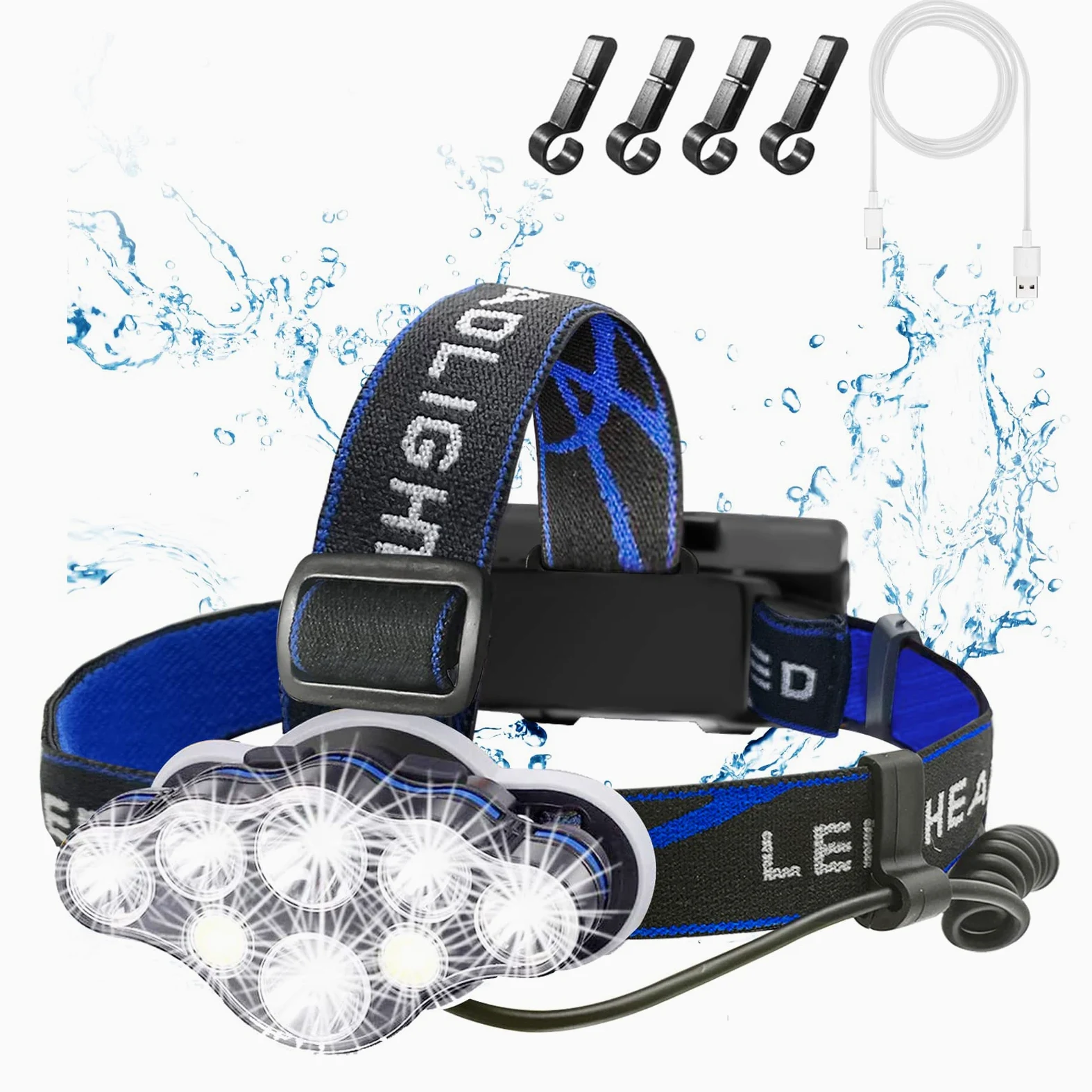 Linterna frontal recargable, 8 LED de 18000 lúmenes, súper brillante, impermeable, con luces rojas, 8 modos de luz, lámpara de cabeza para luz de emergencia al aire libre, pesca, senderismo,