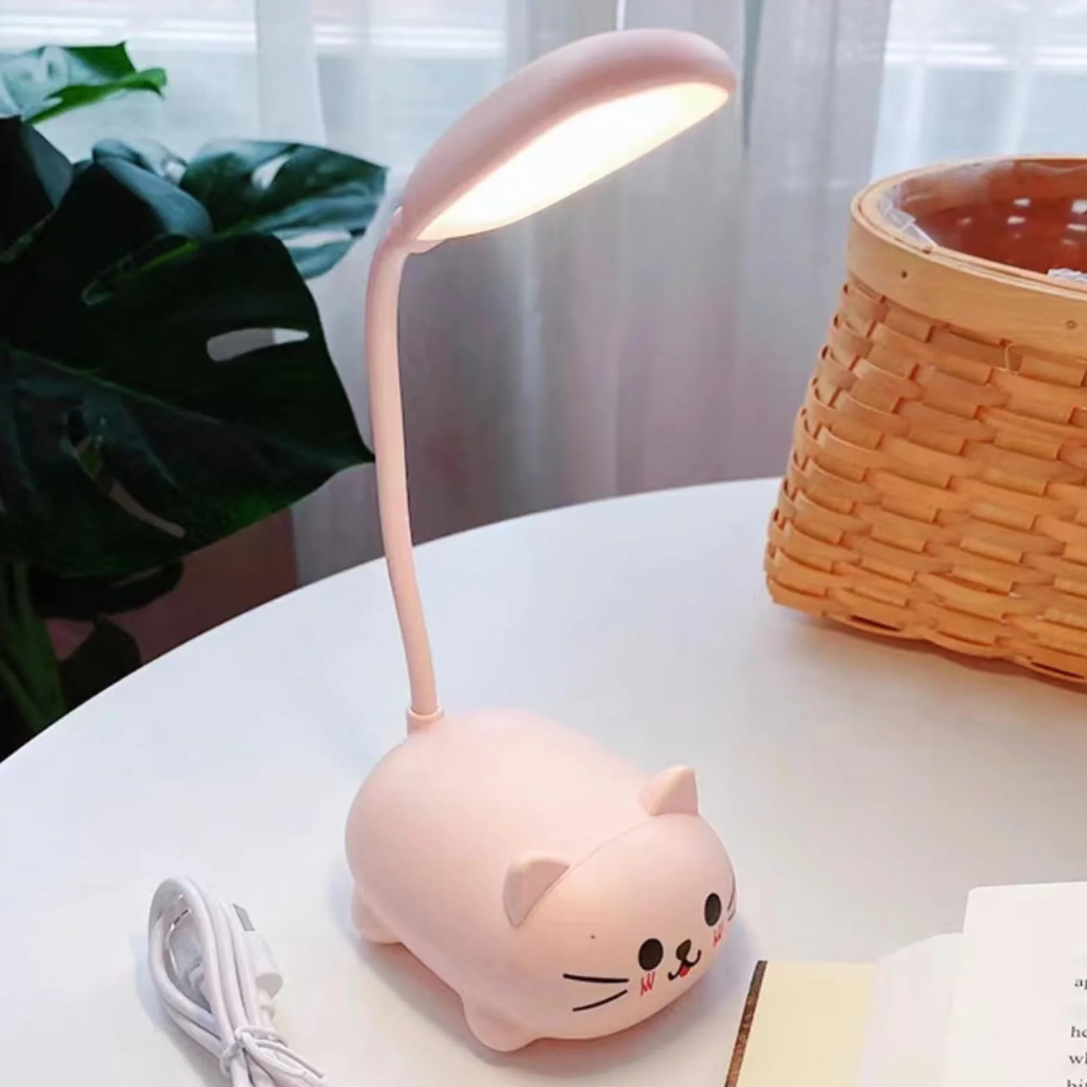 Lámpara LED de escritorio recargable por USB, mini luz nocturna de gato plegable, luz de mesa portátil rosa