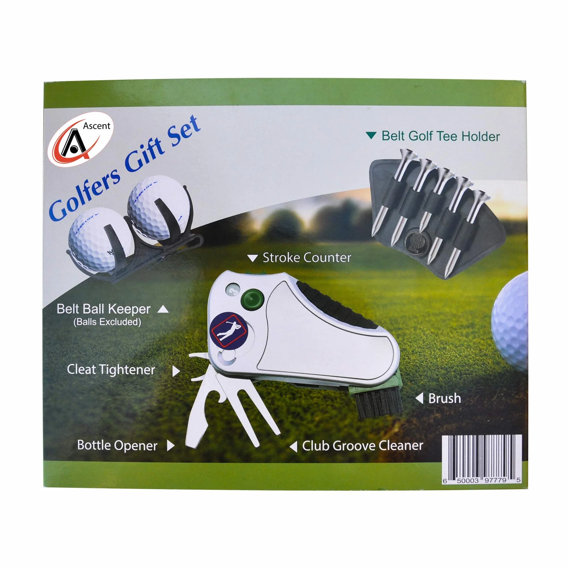 Juego de regalo de golf: herramienta contador de golpes, reparación de divot, cepillo, marcador de bola, tensor de tacos, limpiador de ranuras
