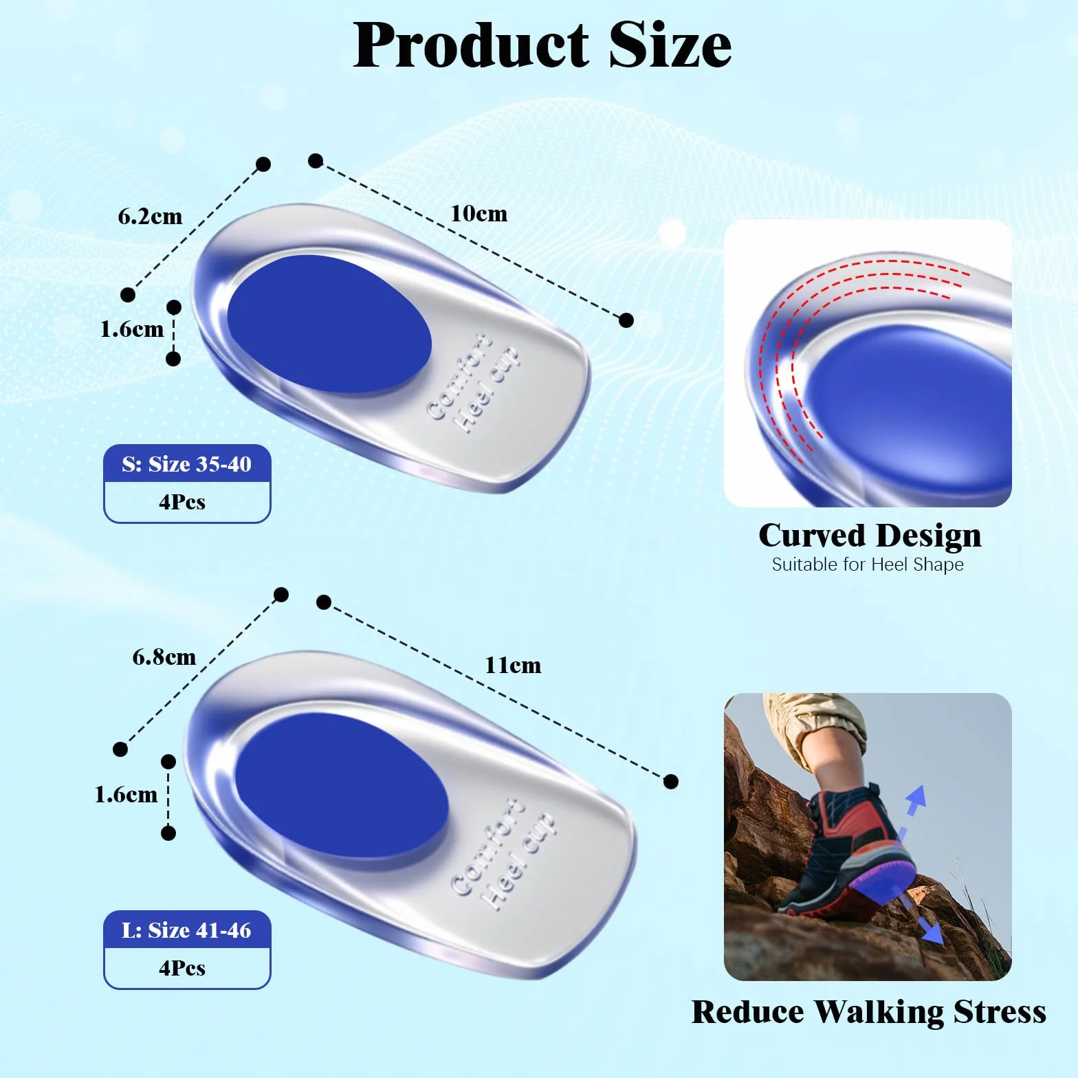 Taloneras Silicona Gel para Talones Fascitis Plantar 4 Pares Azul