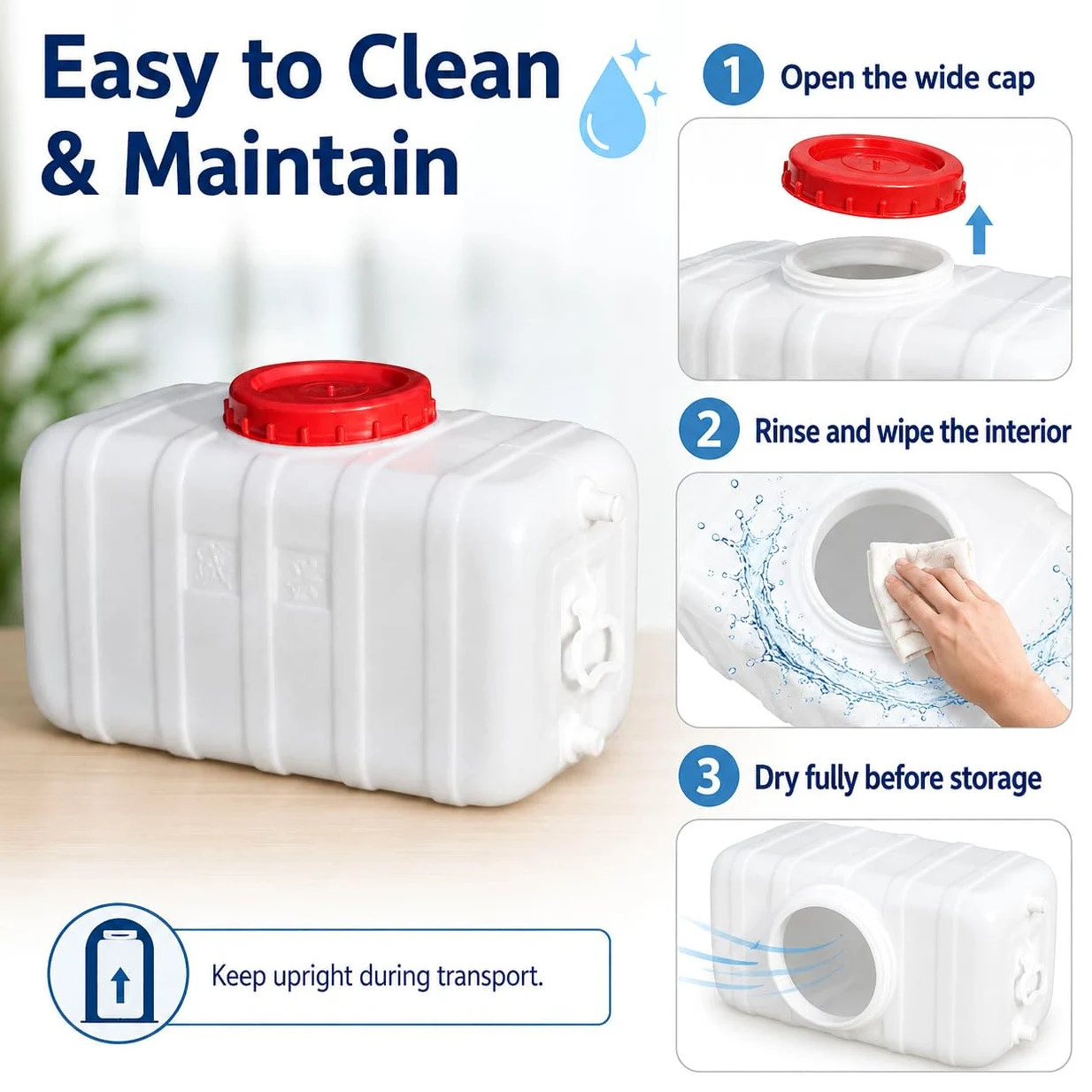 Depósito de Agua con Grifo, Bidón de HDPE de Calidad Alimentaria con Boca Ancha y Asa Lateral, para Camping, Camper, Jardín y Emergencias,95L