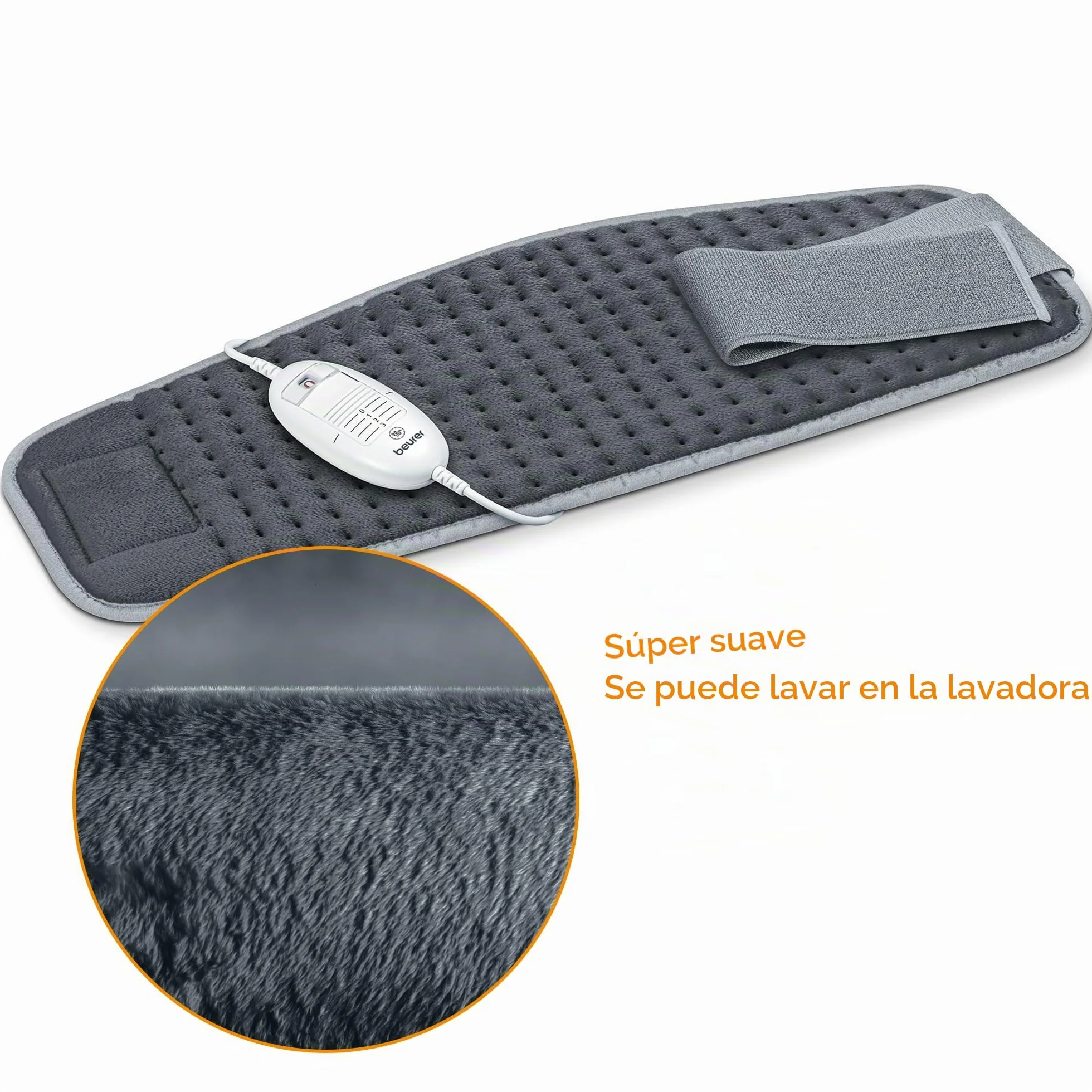 Beurer HK 49 Cosy Almohadilla eléctrica, para uso en abdomen y espalda, con banda elástica y cierre de velcro, desconexión automática, lavable a máquina, gris