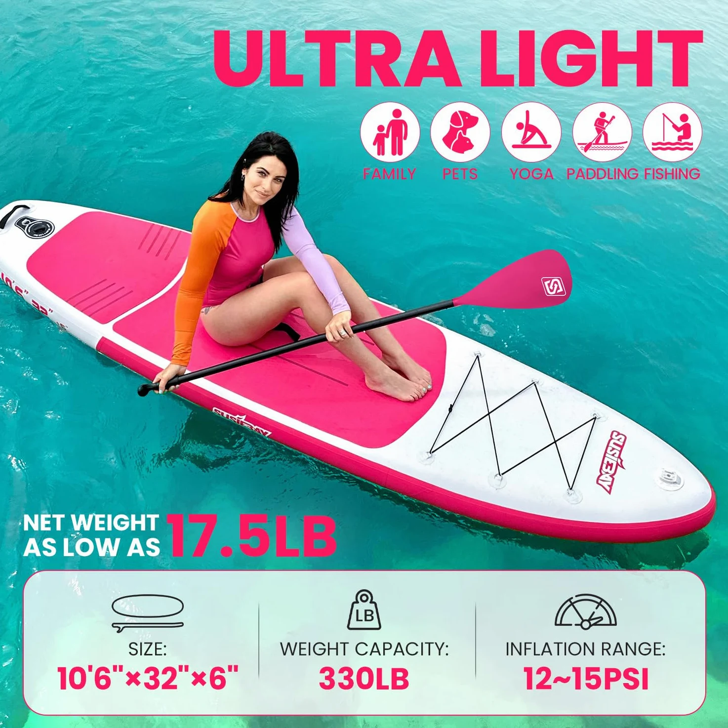 Tabla de remo inflable de pie, tabla de yoga rosa, tabla de remo para adultos, SUP para mujer, incluye bomba de doble acción, bolsa impermeable de 10 L