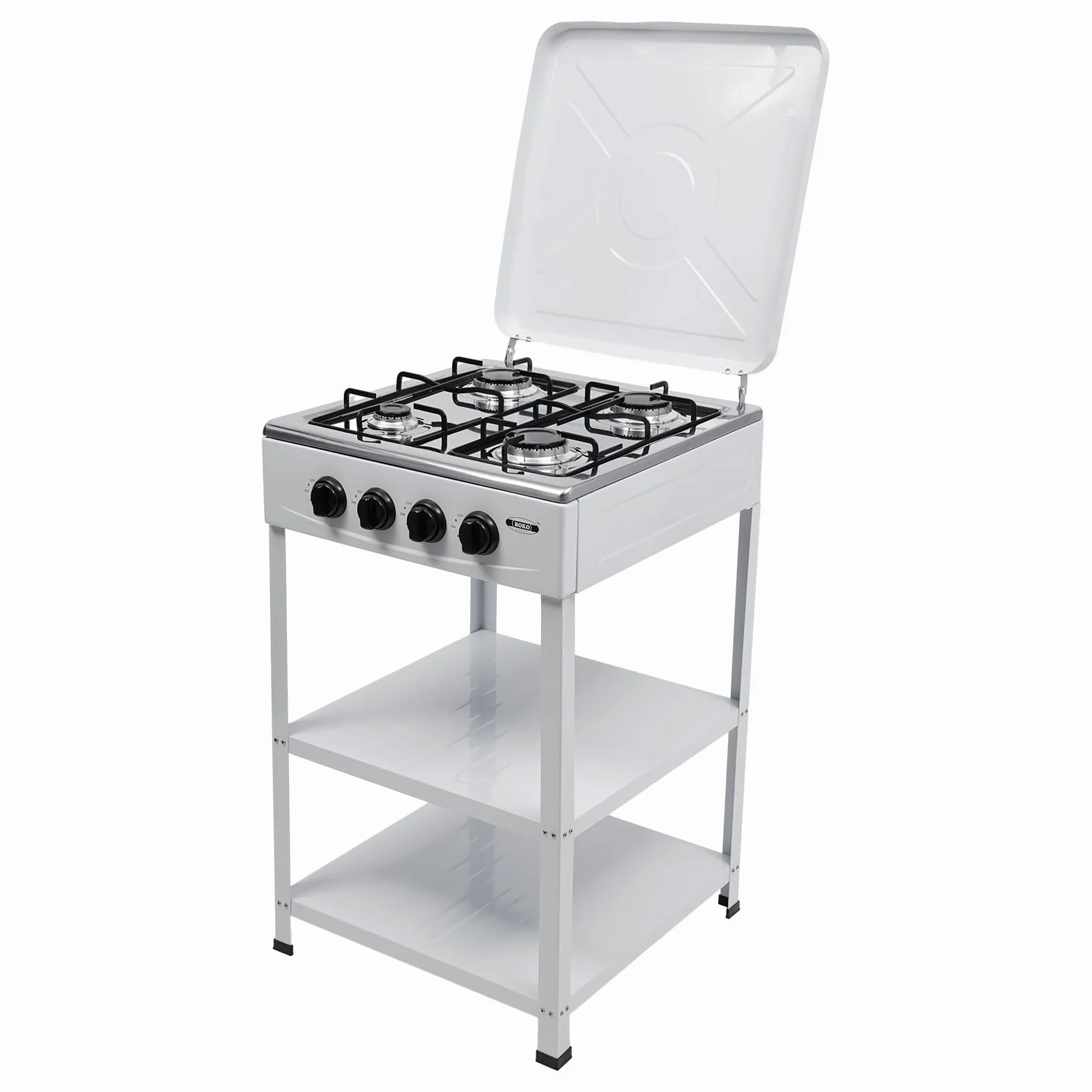 Hornillo de camping con 4 quemadores, cocina de gas independiente con 2 estantes y tapa, estufa de camping para interior y exterior, color blanco