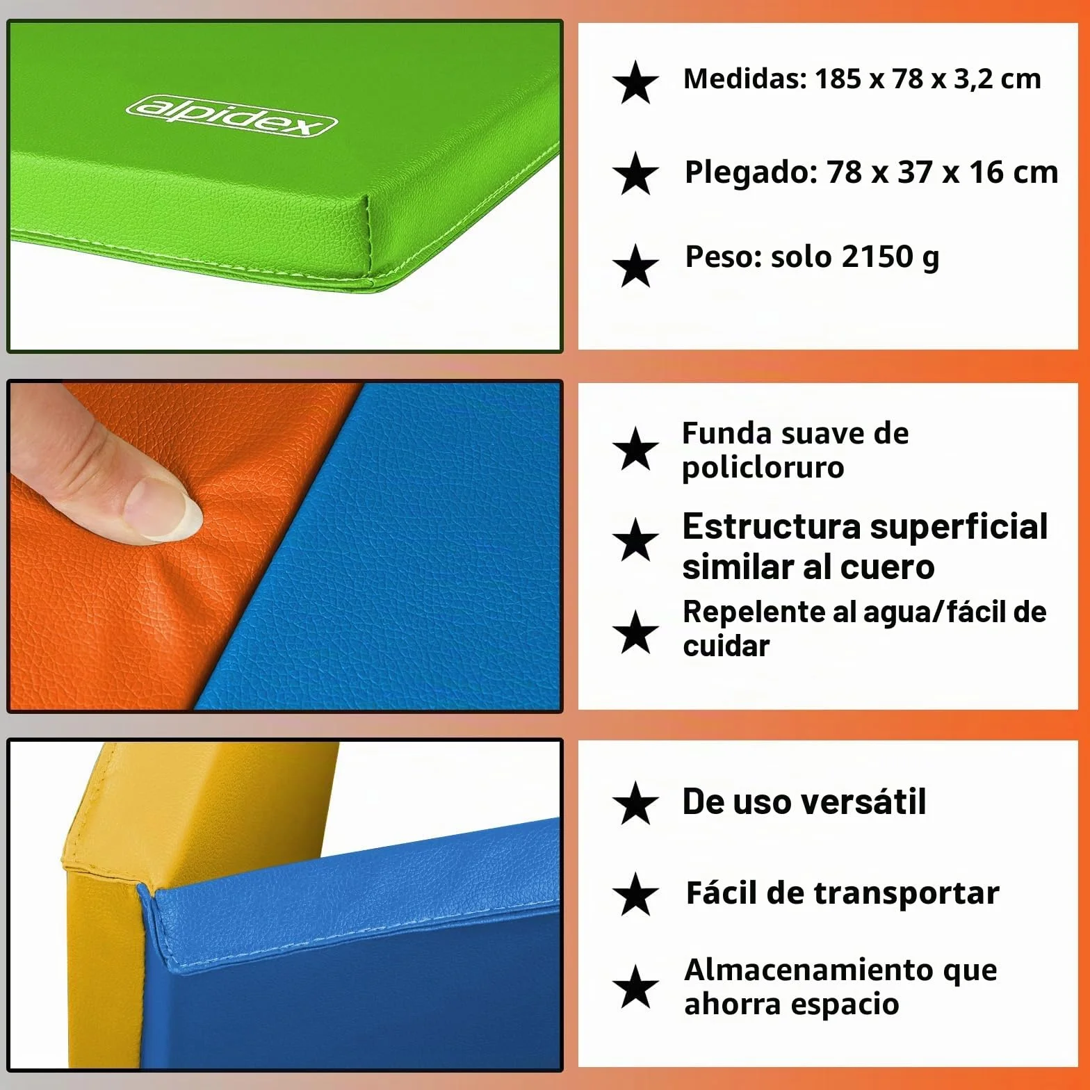 ALPIDEX Esterilla de gimnasia plegable 185 x 78 x 3,2 cm colchoneta de ejercicio suelo deportiva
