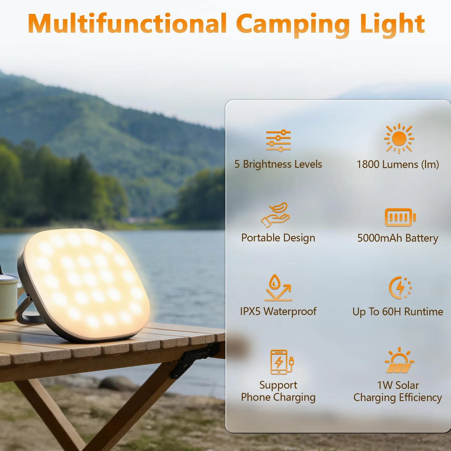 Luces solares de camping, linterna solar recargable de 5000 mAh, LED, 5 modos de luz, IP65, impermeable, con carga USB, linternas para cortes de energía, huracán, senderismo, peces, emergencias y