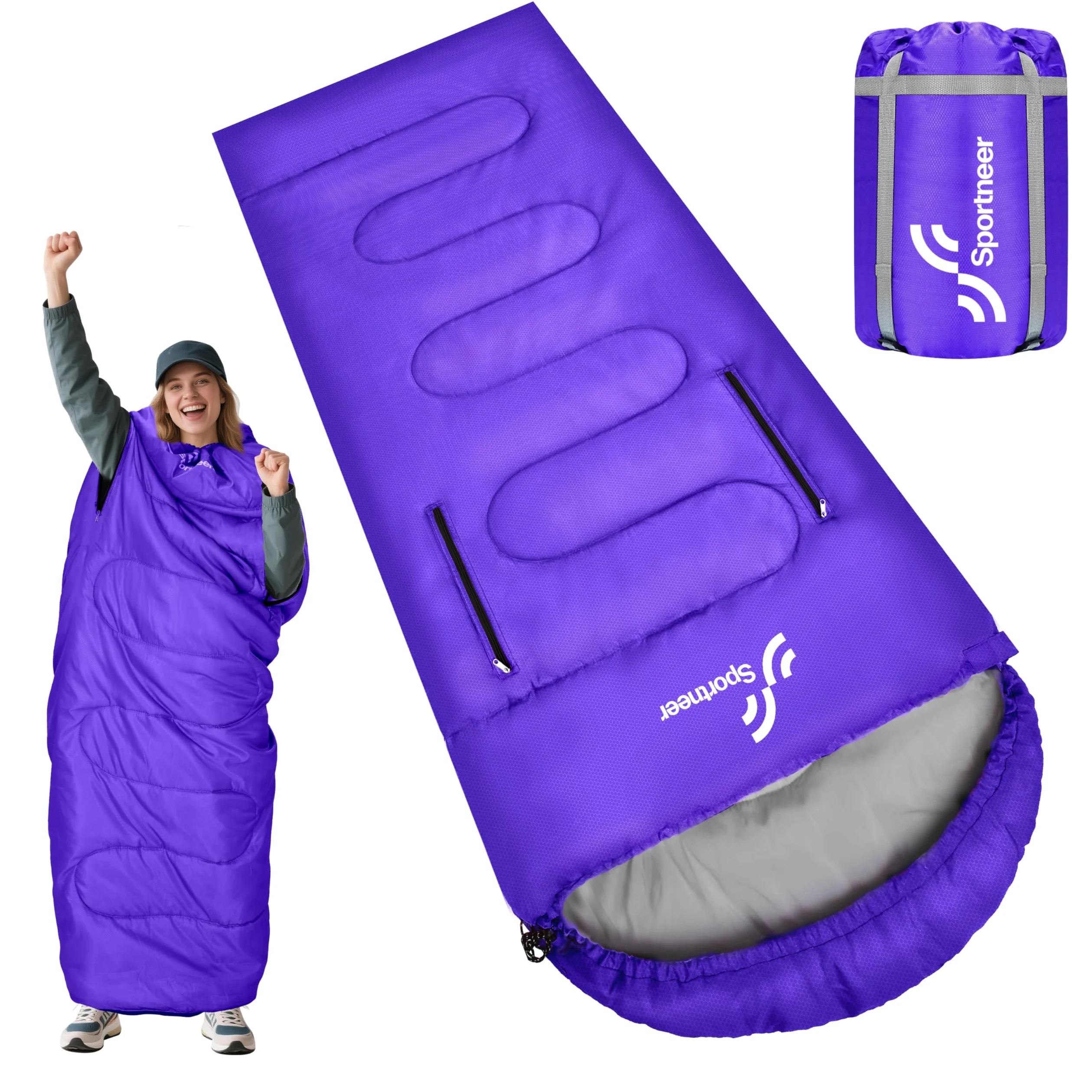 Sportneer Saco de Dormir portátil Adecuado para Las 4 Estaciones con Orificios con Cremallera para Brazos y pies Saco de Dormir Individual para Adultos para Senderismo y Viajes, 20 Grados, Púrpura