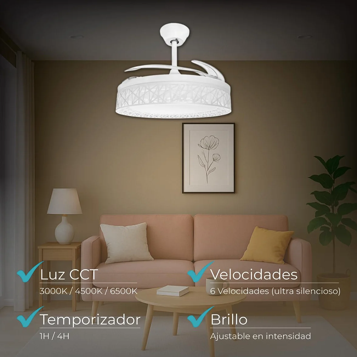 LED ATOMANT Ventilador de Techo con Luz LED 40W, Motor DC 32W, Ø 109cm, 4100LM, 4 Aspas Retractiles, 6 Velocidades, Modo Verano Invierno, Mando
