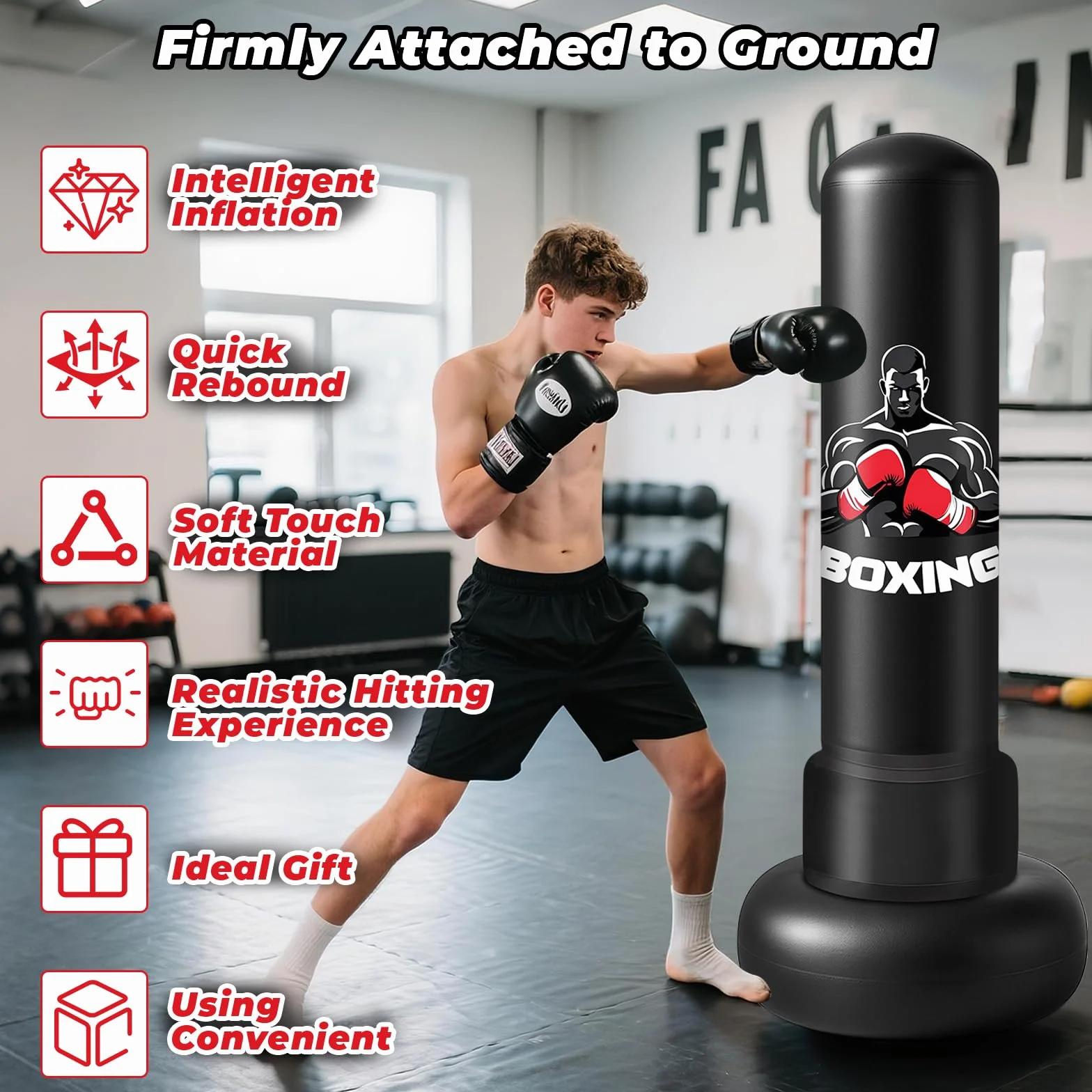 Saco de Boxeo Adultos, 180cm Sacos de Boxeo de Pie on Guantes y Bomba de Aire, Punching Ball Inflable Entrenamiento para Karate, Kickboxing, PVC Fitness Boxeo Regalo Ideal