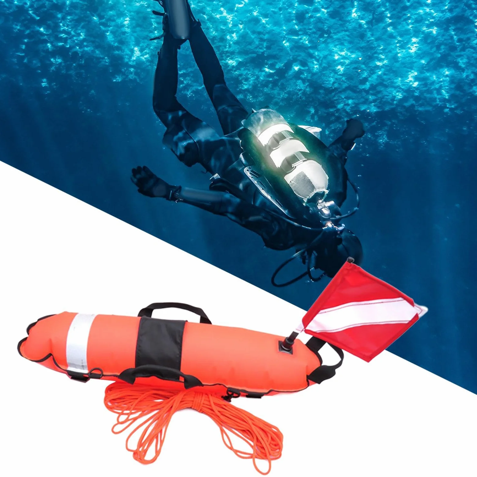 Boya de Buceo fiable, Equipo Esencial para buceadores y apneístas. Resistente y portátil. Boya de Buceo con inflado para señal de Seguridad en el