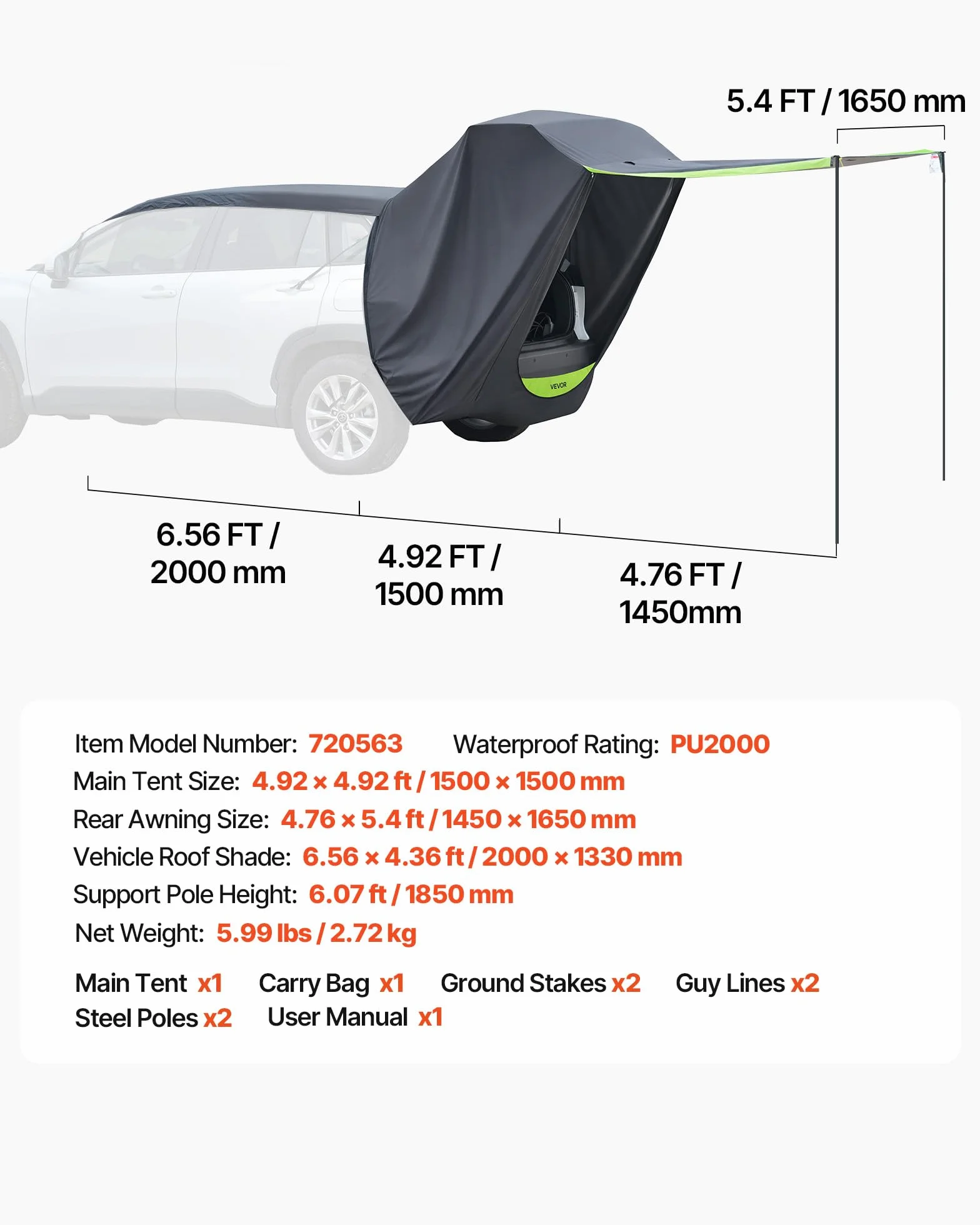 VEVOR Tienda de Campaña con Toldo para Coche 150x150 cm Impermeable PU2000 mm Carpa para Acampar