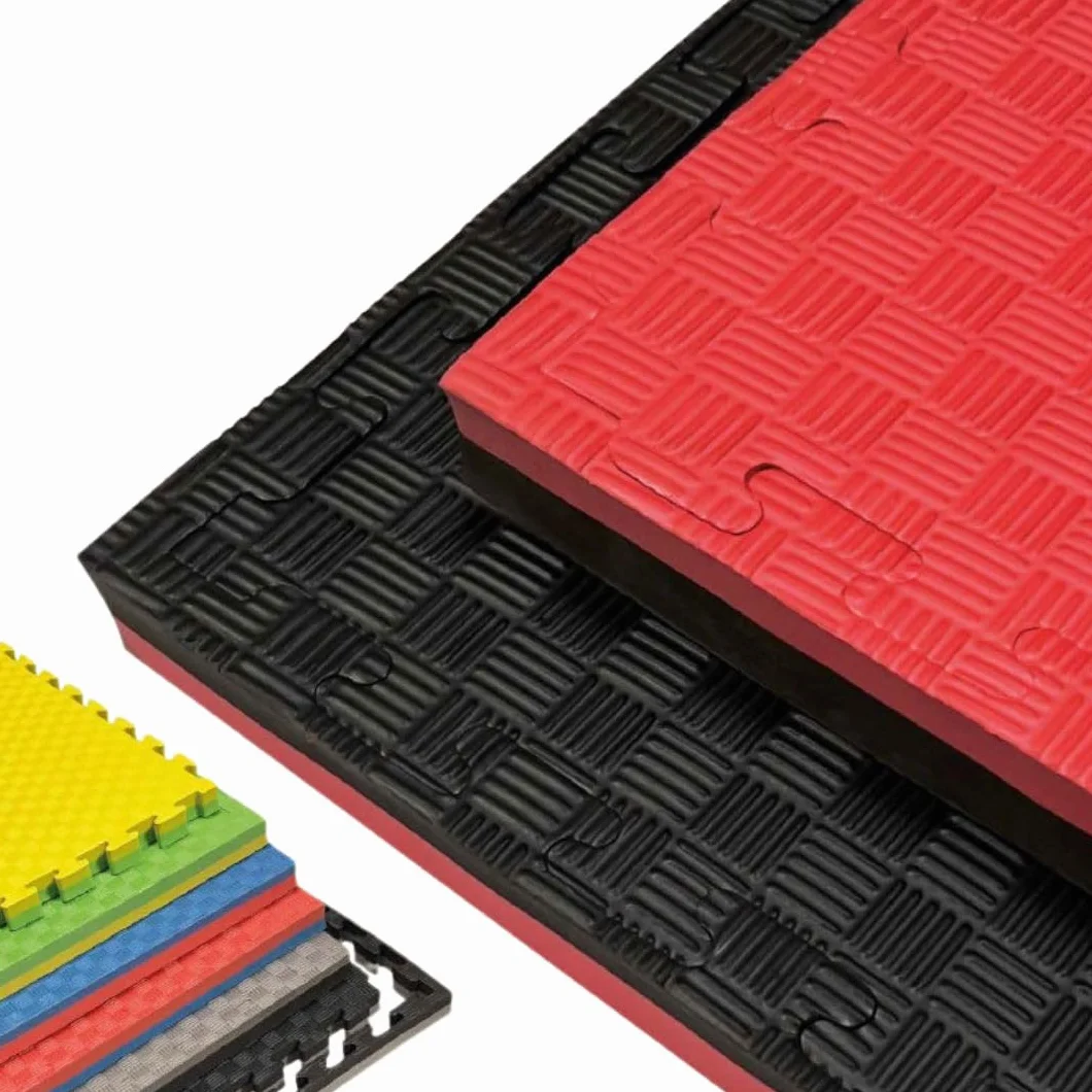 JOWY Tatami Puzzle para Gimnasio, Artes Marciales, Judo, Karate, Taekwondo, Yoga, Fitness y Zonas de Estiramiento | 1x1m | 4 cm grosor | Acabado F | Color Rojo/Negro (4 unidades)