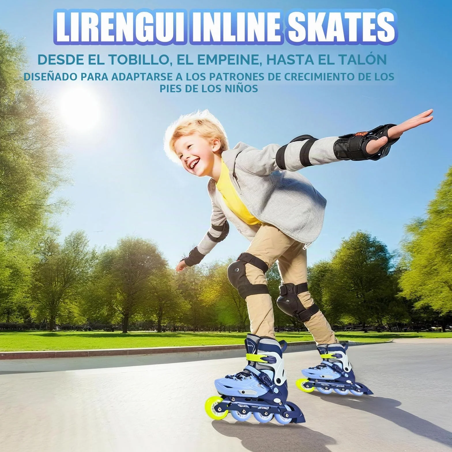 Patines en línea Ajustables para niños y niñas, 4 Ruedas con Ruedas Luminosas, Azul y Verde