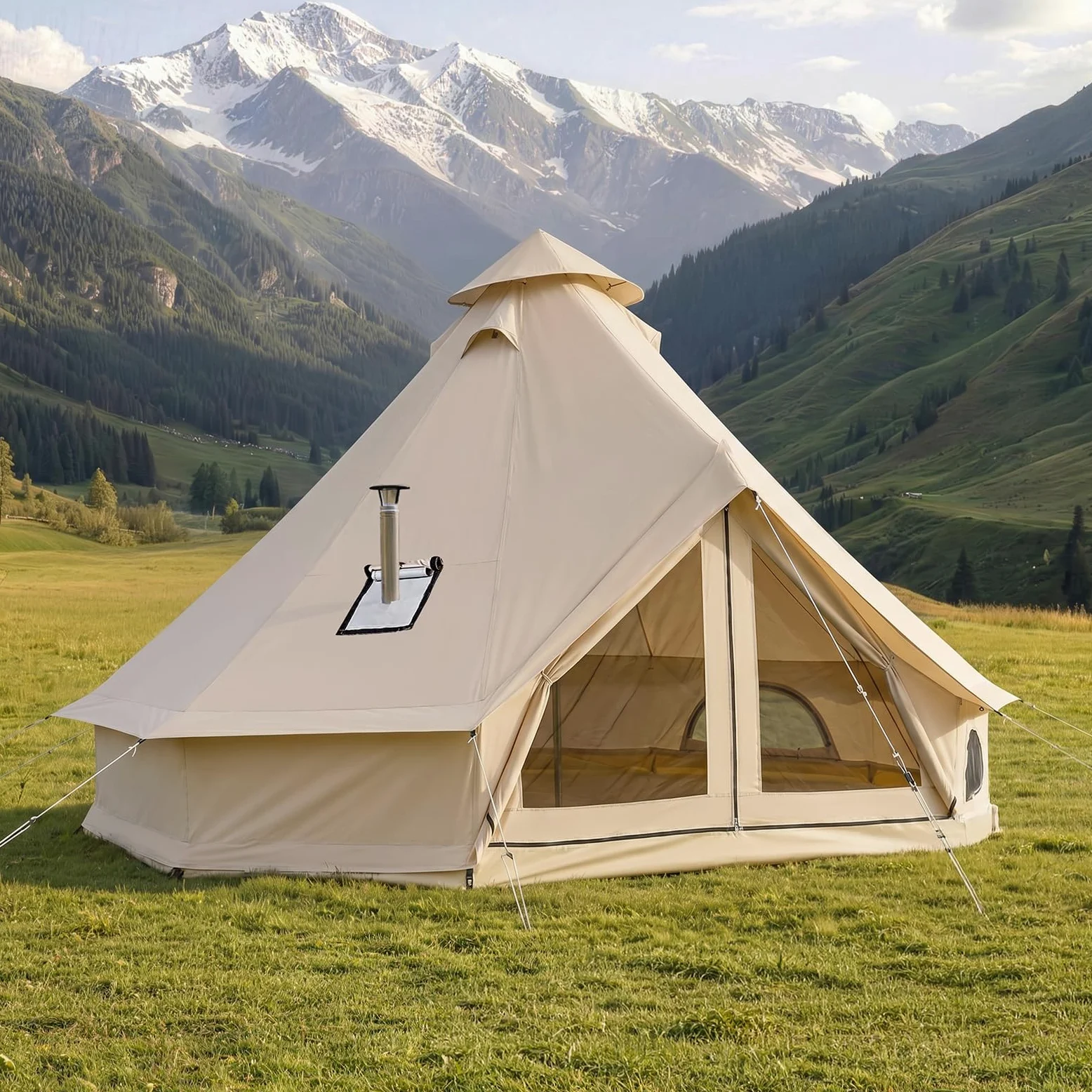 VEVOR Tienda de Campaña para 3-4 Personas, Tienda de Campaña Tipi de Tela Oxford Impermeable, con Salida de Humos de Estufa Suelo Desmontable Puerta de Malla, para Glamping Acampada Familias Amigos