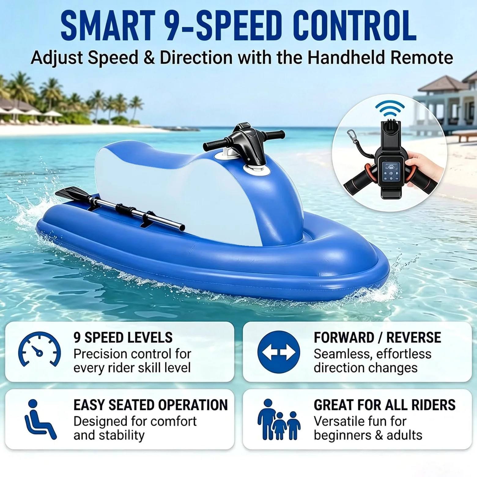 Bote Inflable Motorizado para 2 Personas – Capacidad de 220 Kg | Control de 9 Velocidades (máx. 7 Km/h) | Autonomía de 130 Minutos | para Piscinas, Lagos y Mar 10000mAh